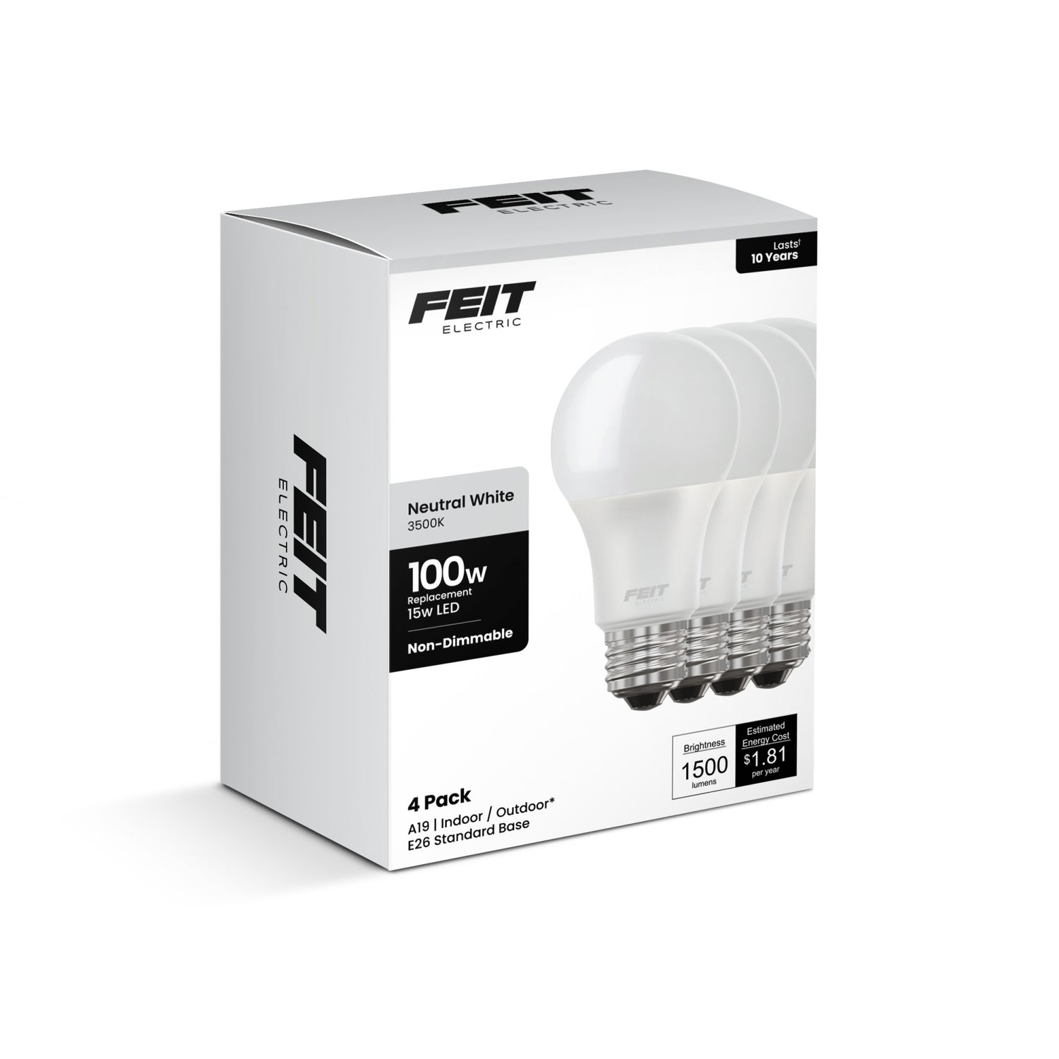 15W (100W Replacement) Neutral White (3500K) E26 Base A19 Non-Dimmable LED Light Bulb (4-Pack)