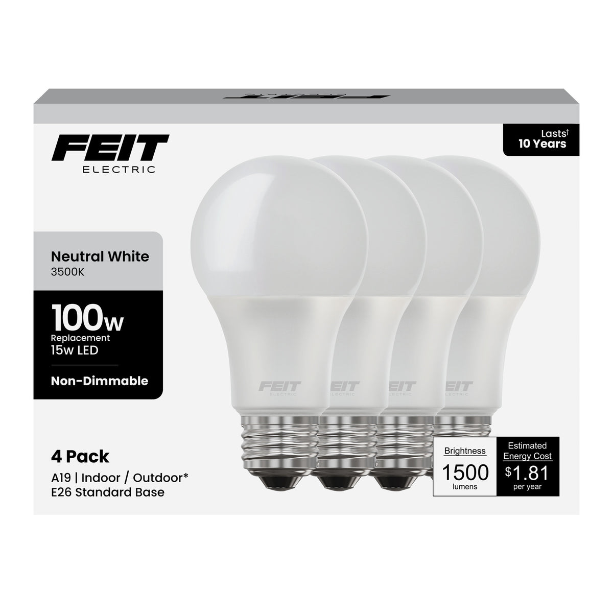 15W (100W Replacement) Neutral White (3500K) E26 Base A19 Non-Dimmable LED Light Bulb (4-Pack)