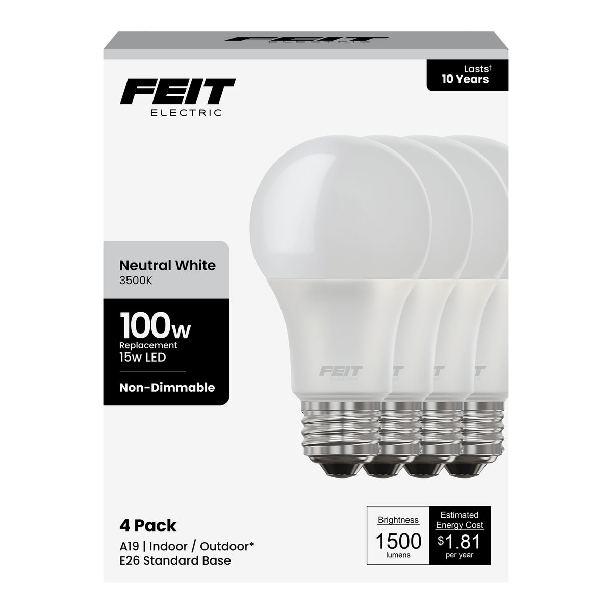 15W (100W Replacement) Neutral White (3500K) E26 Base A19 Non-Dimmable LED Light Bulb (4-Pack)