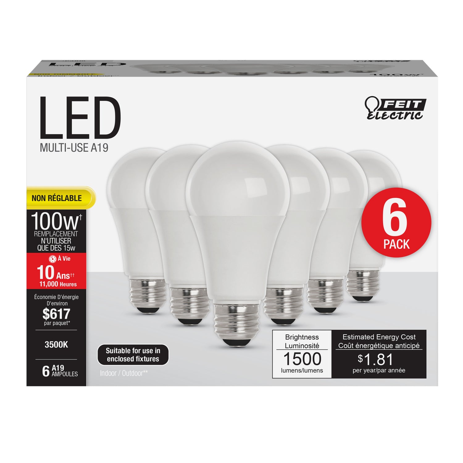 15W (100W Replacement) Neutral White (3500K) E26 Base A19 Non-Dimmable LED Light Bulb (6-Pack)