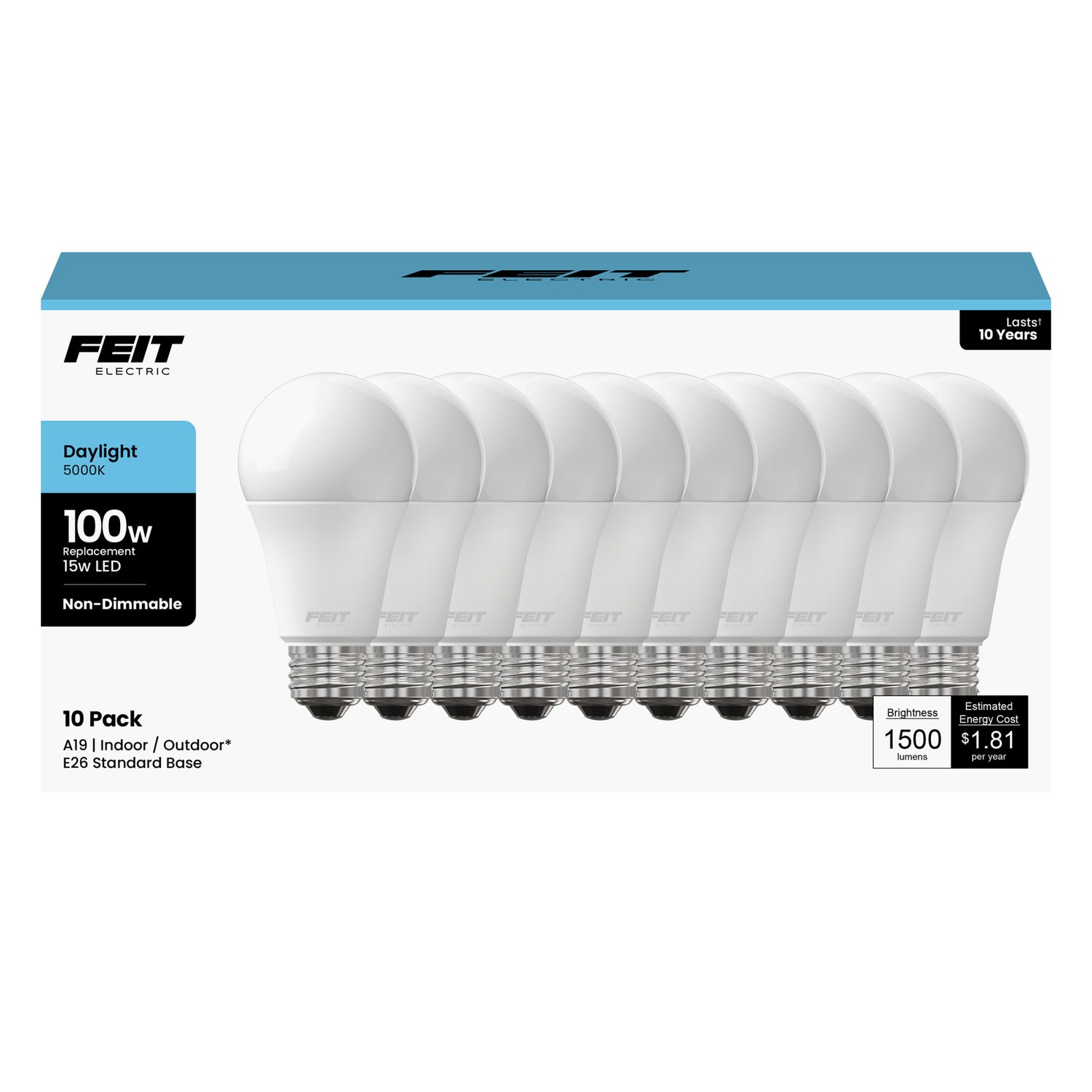 15W (100W Replacement) Daylight (5000K) A19 General Purpose LED (10-Pack)