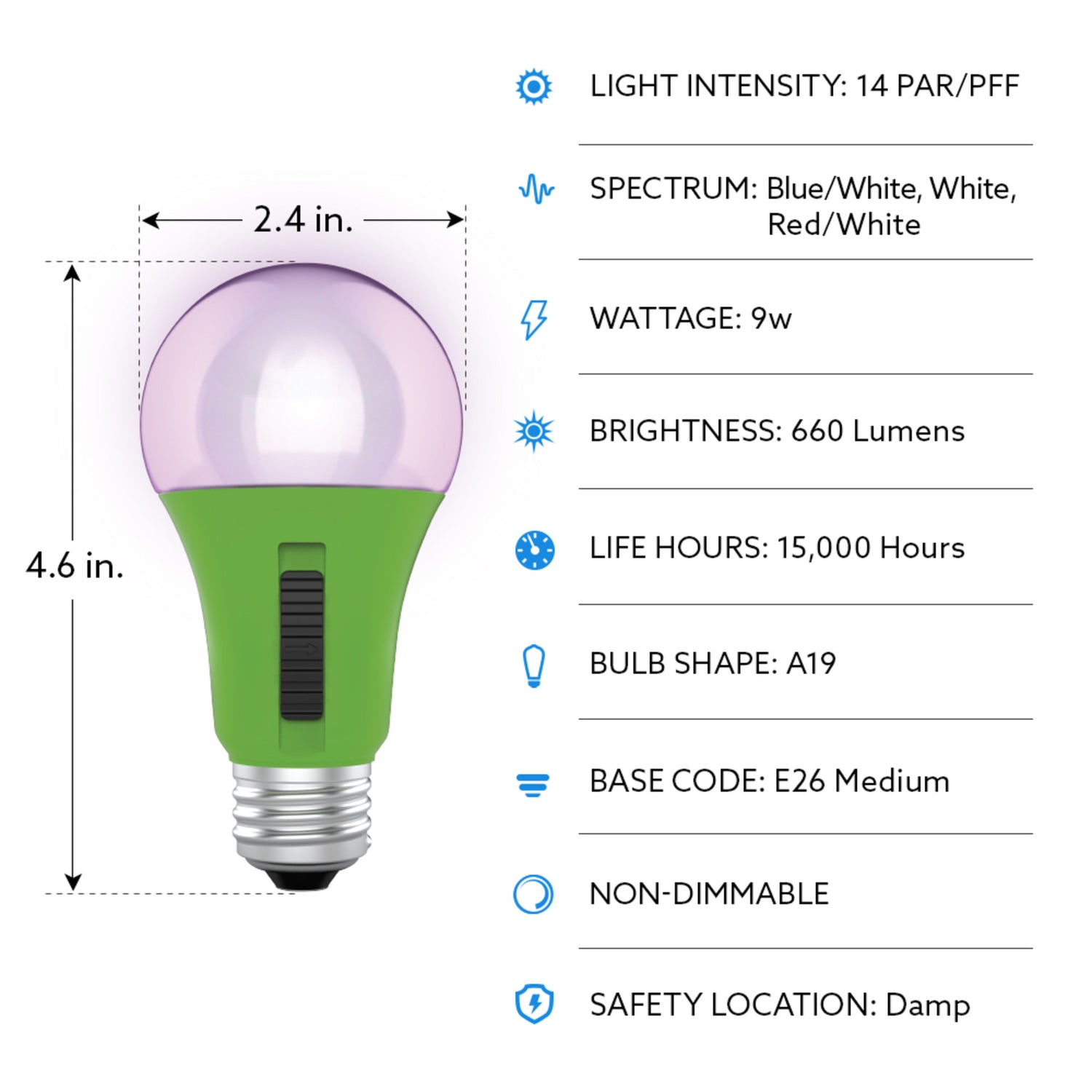 9W Multi Spectrum A19 (E26 Replacement) Adjustable Led Grow Light Bulb