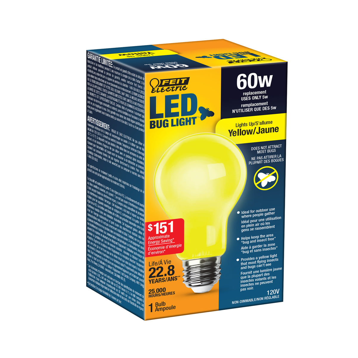 5W (60W Equivalent) A19 E26 Base Yellow LED Bug Light