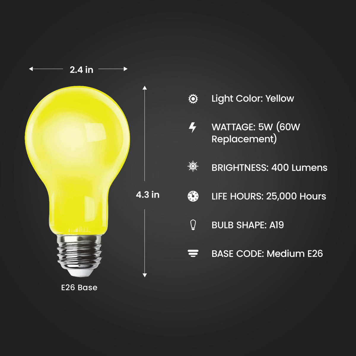 5W (60W Equivalent) A19 E26 Base Yellow LED Bug Light