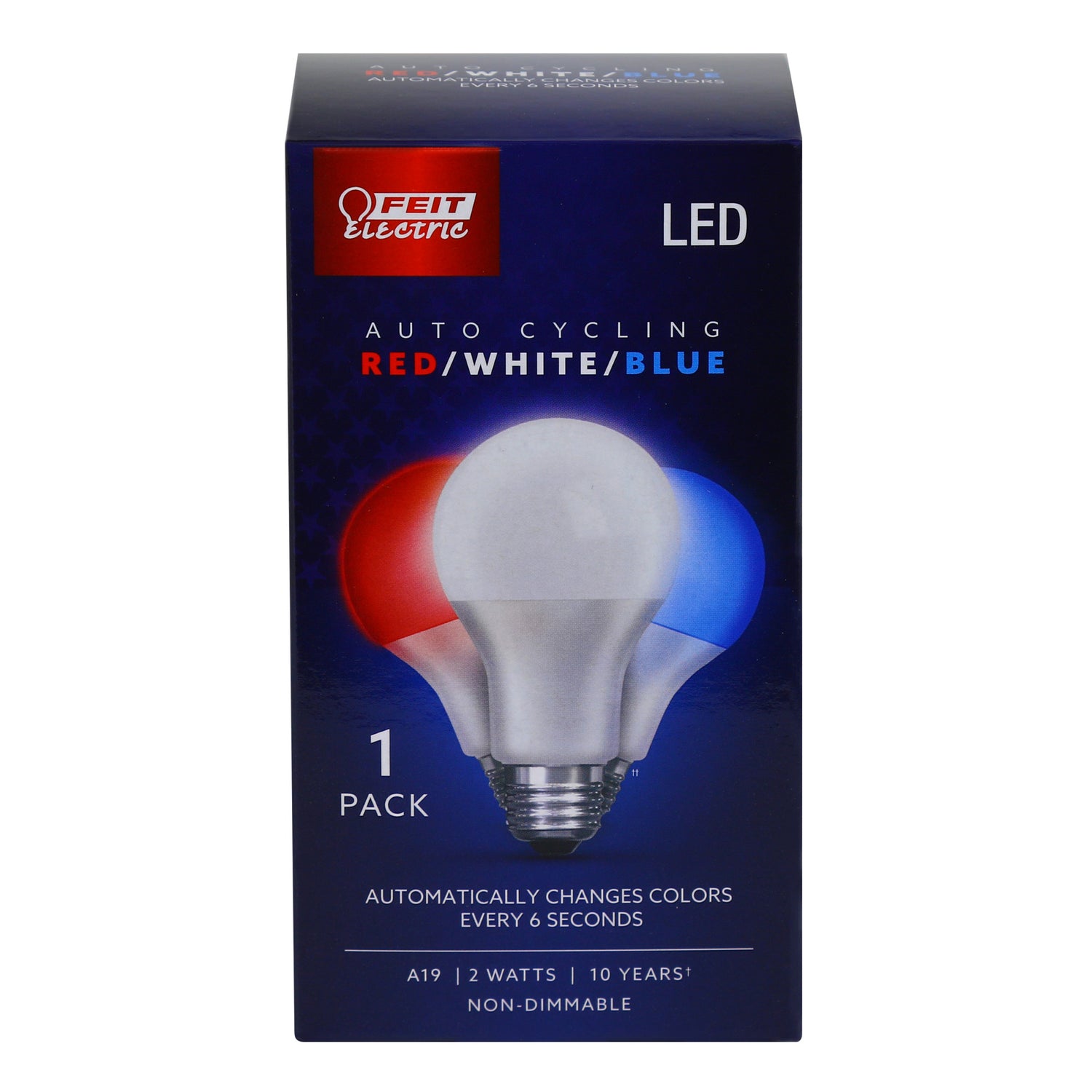 2W RWB A19 E26 Base (Medium) LED Auto Cycling Red/White/Blue Color Changing Light Bulb