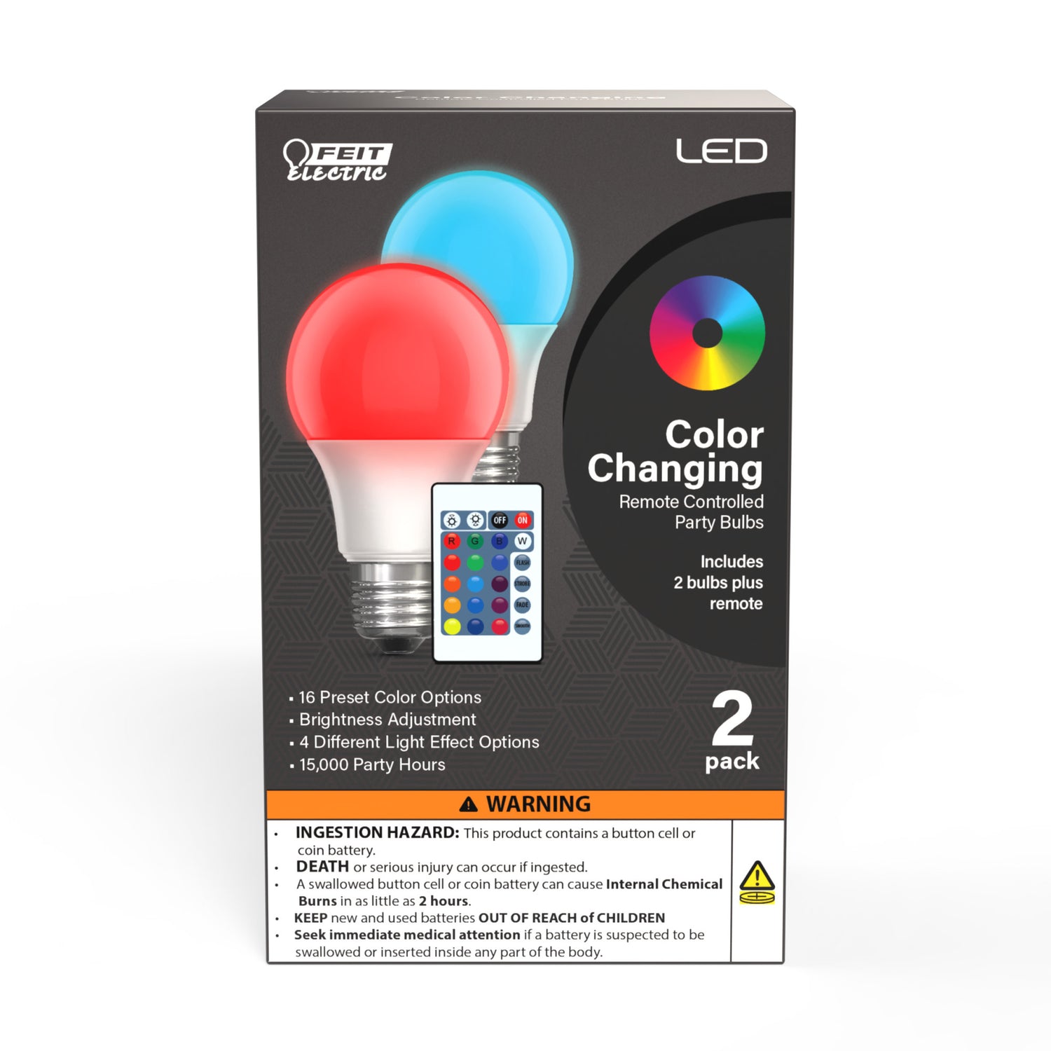 5W Color Changing A19 (E26 Base) LED Party Light Bulb with Remote Control (2-Pack)