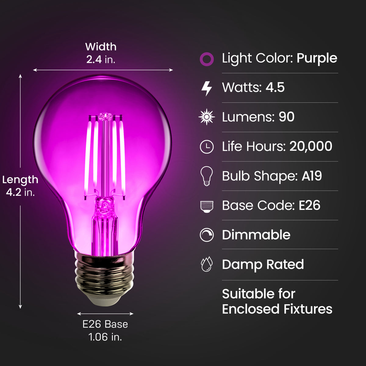 A19 Purple Filament LED Filament Light Bulb