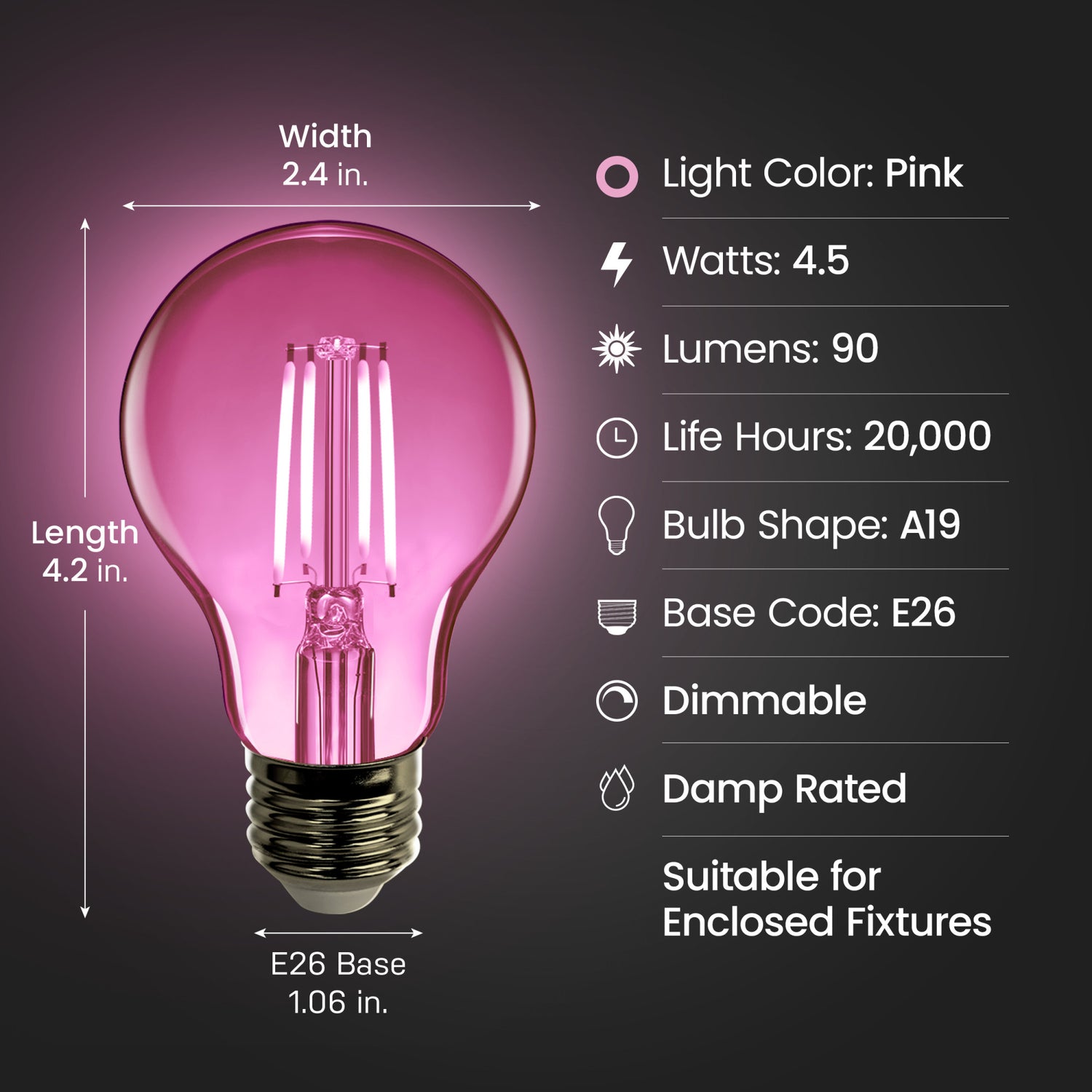 4.5W Clear Glass Pink A19 Dimmable LED Filament Light Bulb