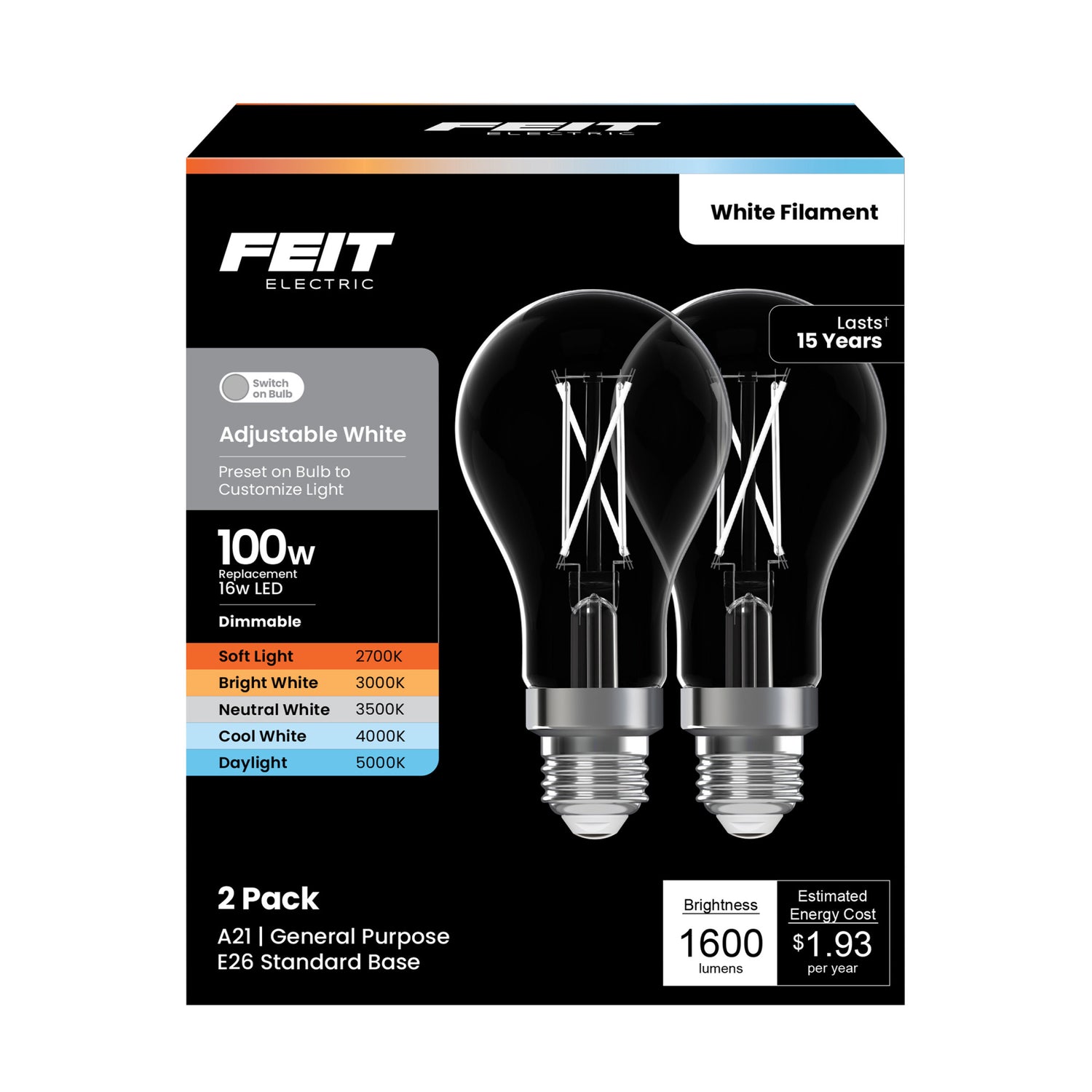 16W (100W Replacement) Adjustable White Dimmable White Filament Enhance LED Light Bulb (2-Pack)