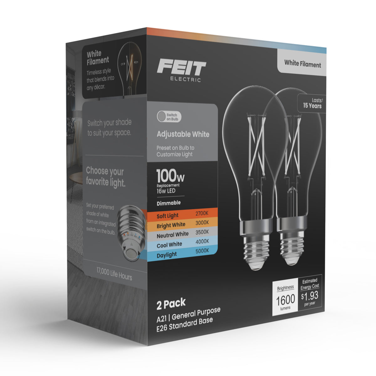 16W (100W Replacement) Adjustable White Dimmable White Filament Enhance LED Light Bulb (2-Pack)