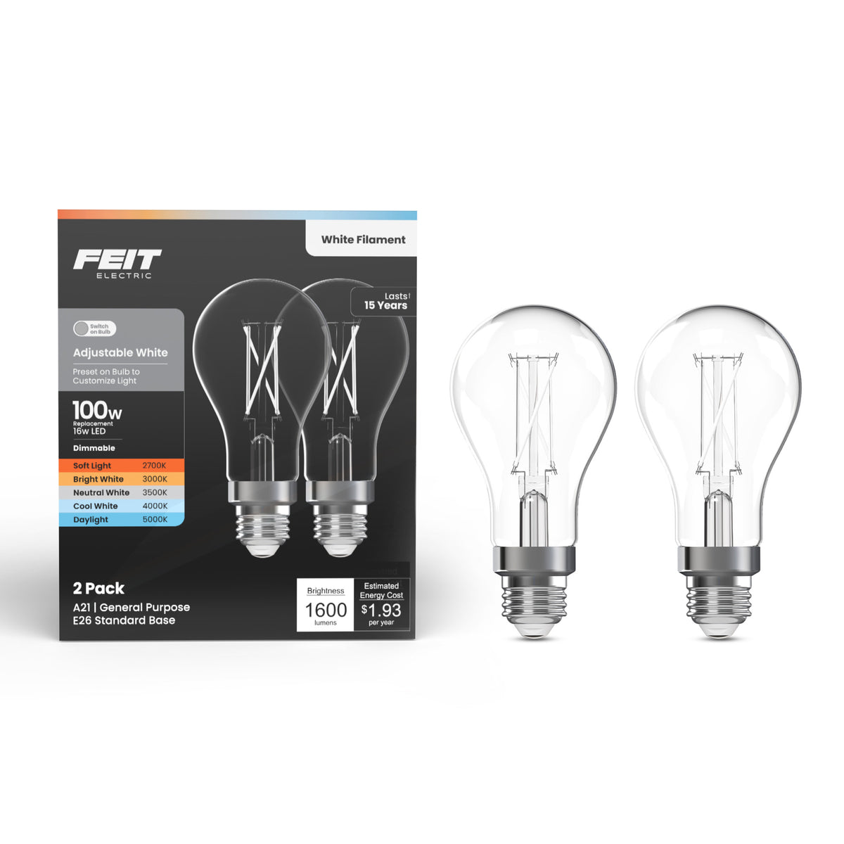 16W (100W Replacement) Adjustable White Dimmable White Filament Enhance LED Light Bulb (2-Pack)