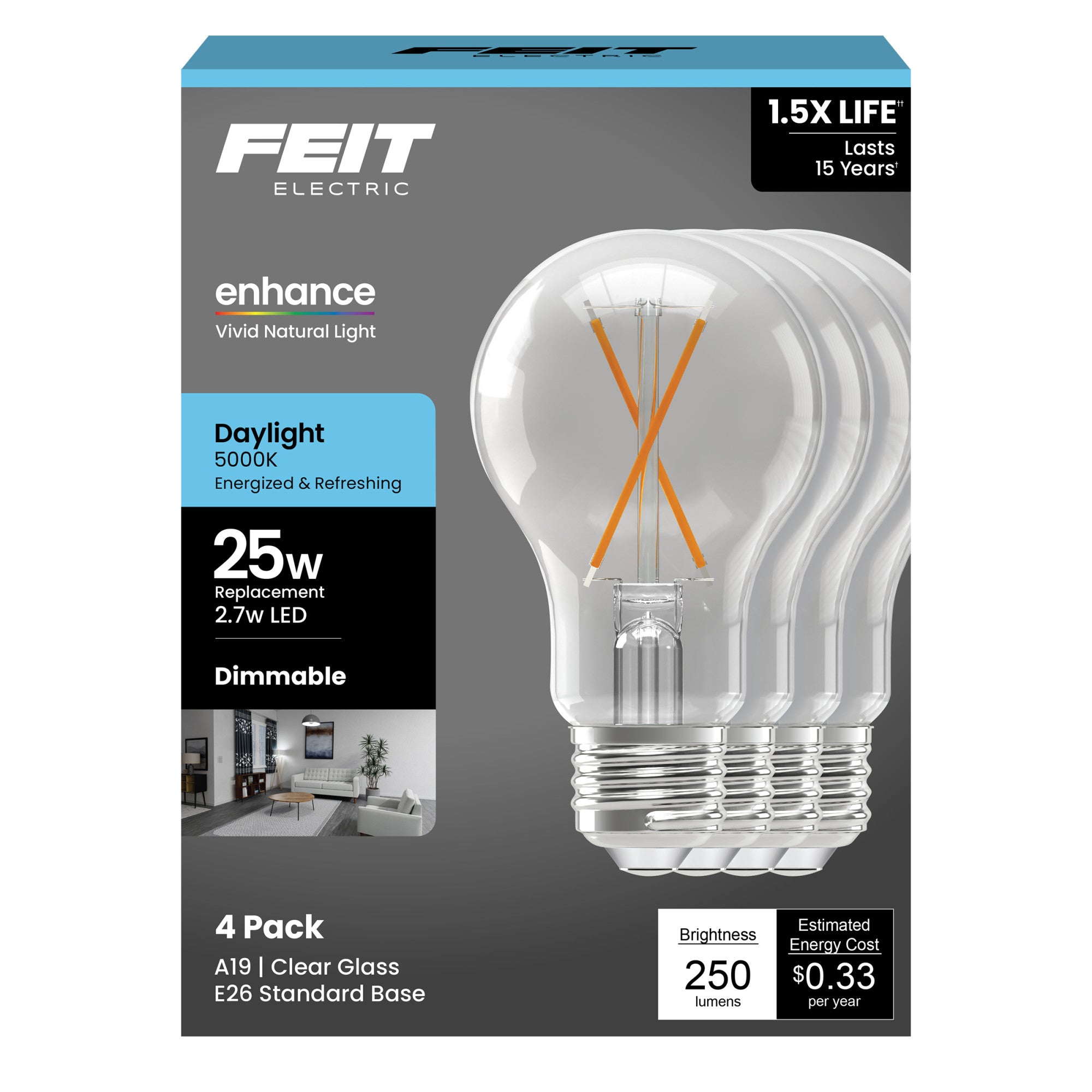 2.7W (25W Replacement) Daylight (5000K) Medium E26 Base A19 Enhance Di