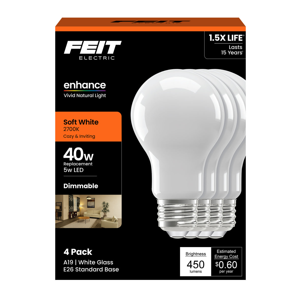 Product photo of 5w (40w replacement) soft white (2700k) a19 medium e26 base enhance dimmable glass general purpose led light bulb (4-pack) in New/Like New condition