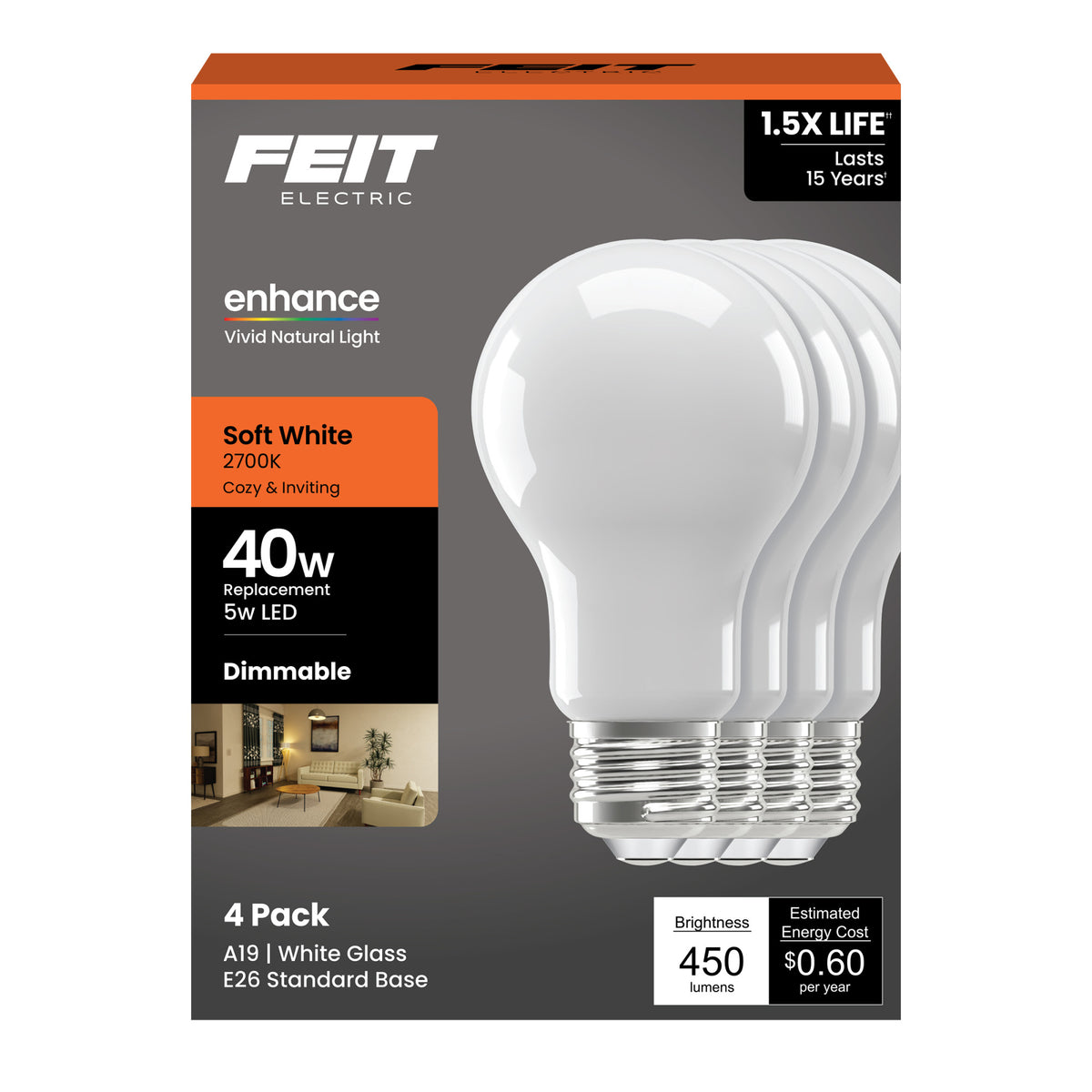 5W (40W Replacement) Soft White (2700K) A19 Medium E26 Base Enhance Dimmable General Purpose LED Light Bulb (4-Pack)