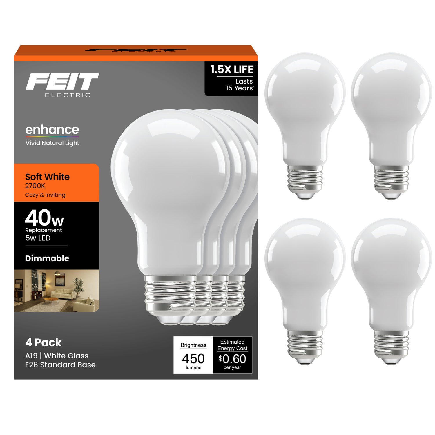 5W (40W Replacement) Soft White (2700K) A19 Medium E26 Base Enhance Dimmable General Purpose LED Light Bulb (4-Pack)