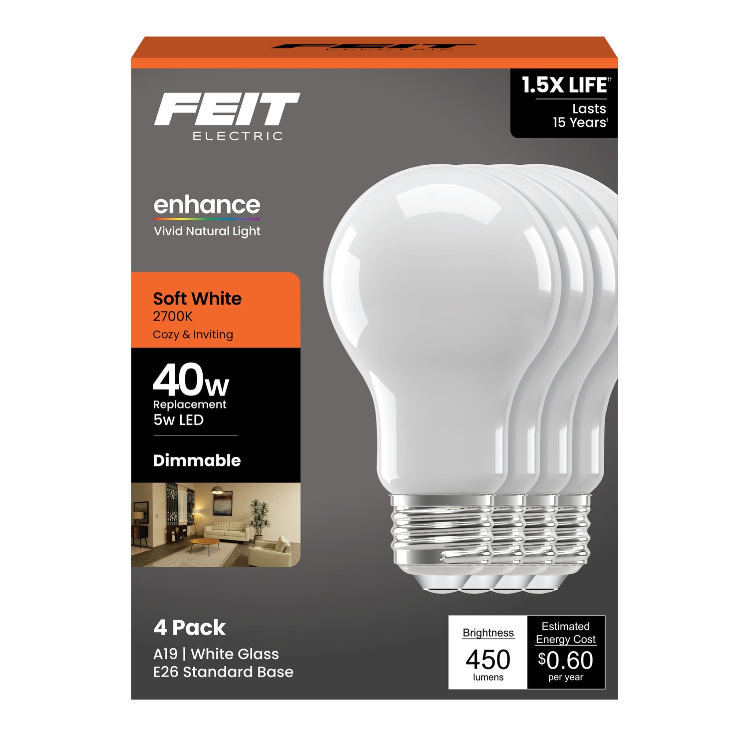 5W (40W Replacement) Soft White (2700K) A19 Medium E26 Base Enhance Dimmable General Purpose LED Light Bulb (4-Pack)