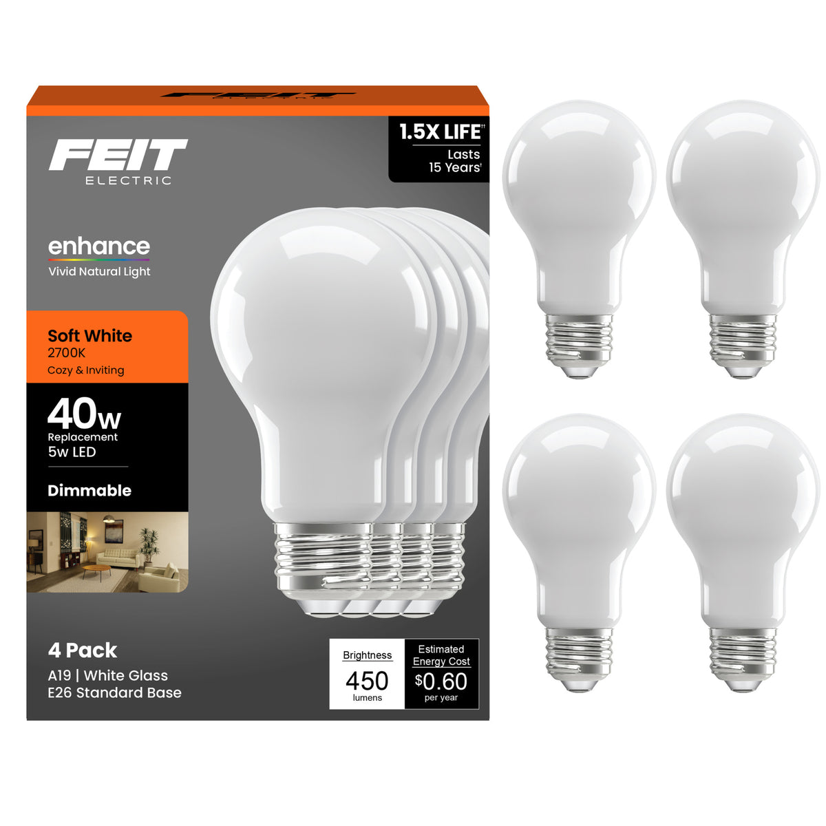 5W (40W Replacement) Soft White (2700K) A19 Medium E26 Base Enhance Dimmable General Purpose LED Light Bulb (4-Pack)