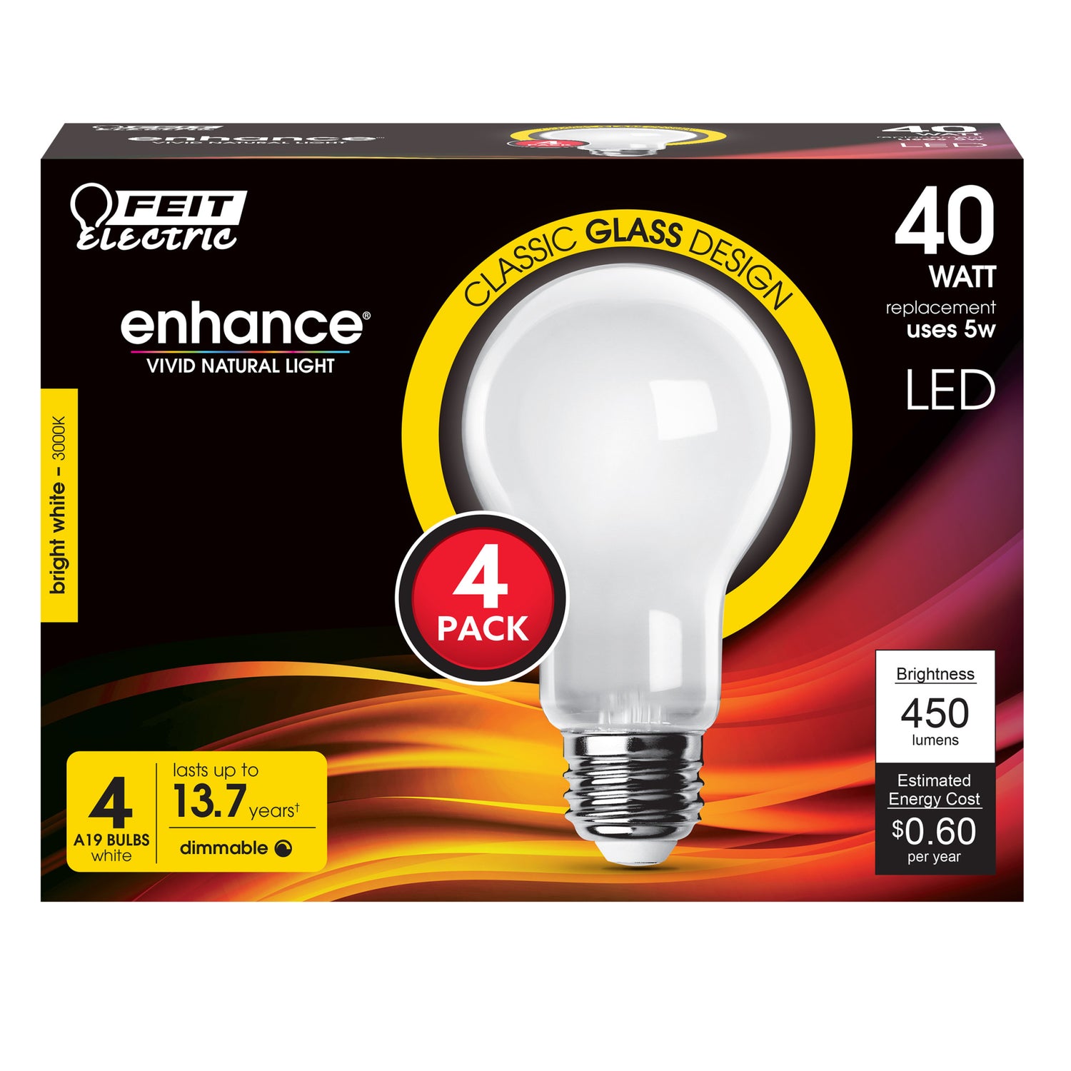 5W (40W Equivalent) Bright White (3000K) A19 (E26 Base) Enhance Dimmable Frosted Filament LED Light Bulb (4-Pack)