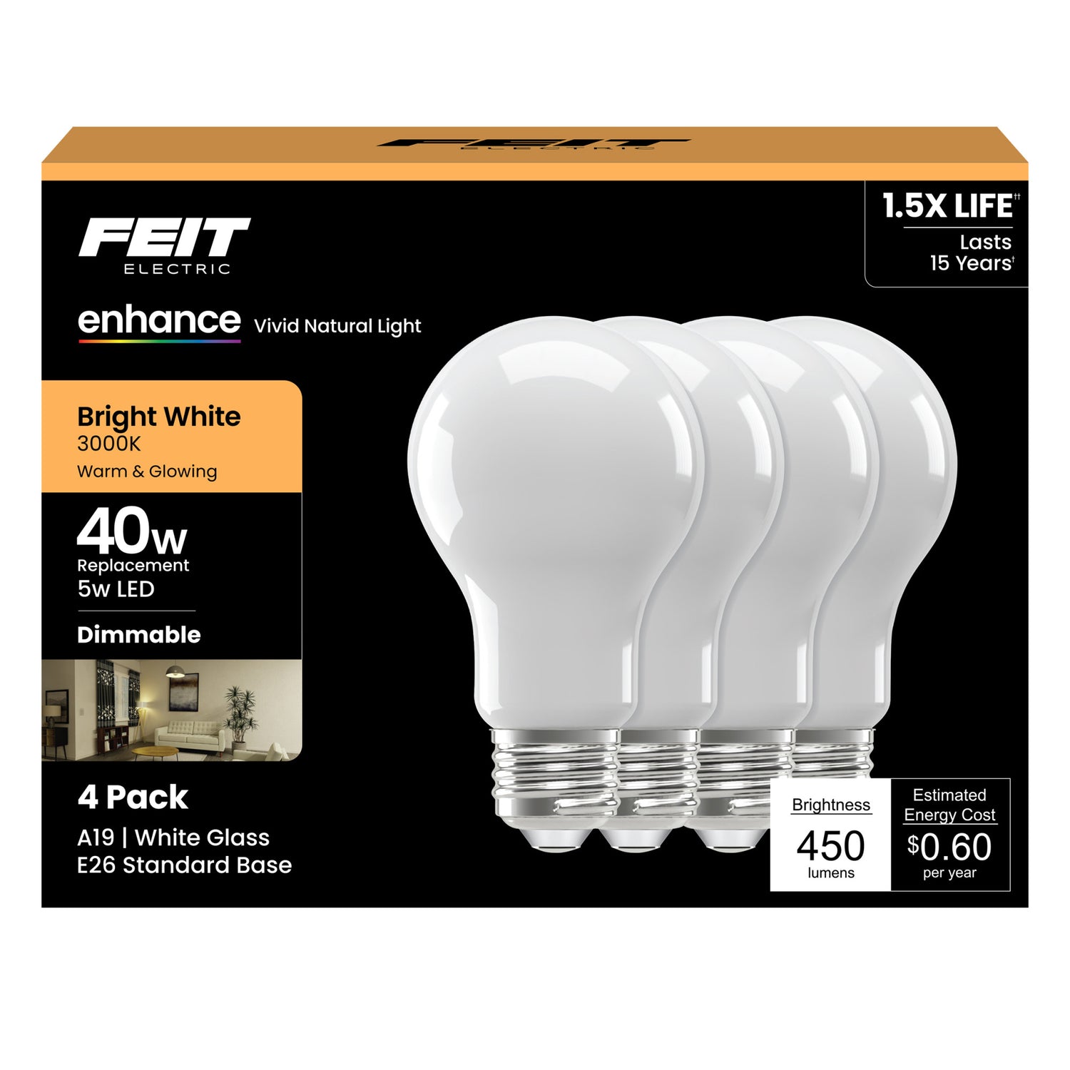 5W (40W Equivalent) Bright White (3000K) A19 (E26 Base) Frosted Filament LED Light Bulb (4-Pack)