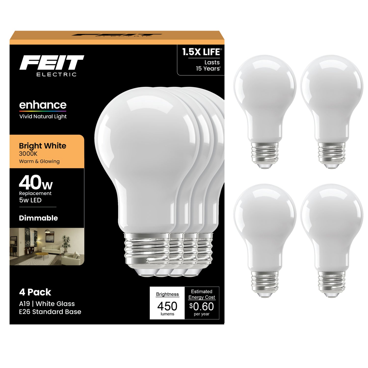 5W (40W Equivalent) Bright White (3000K) A19 (E26 Base) Frosted Filament LED Light Bulb (4-Pack)