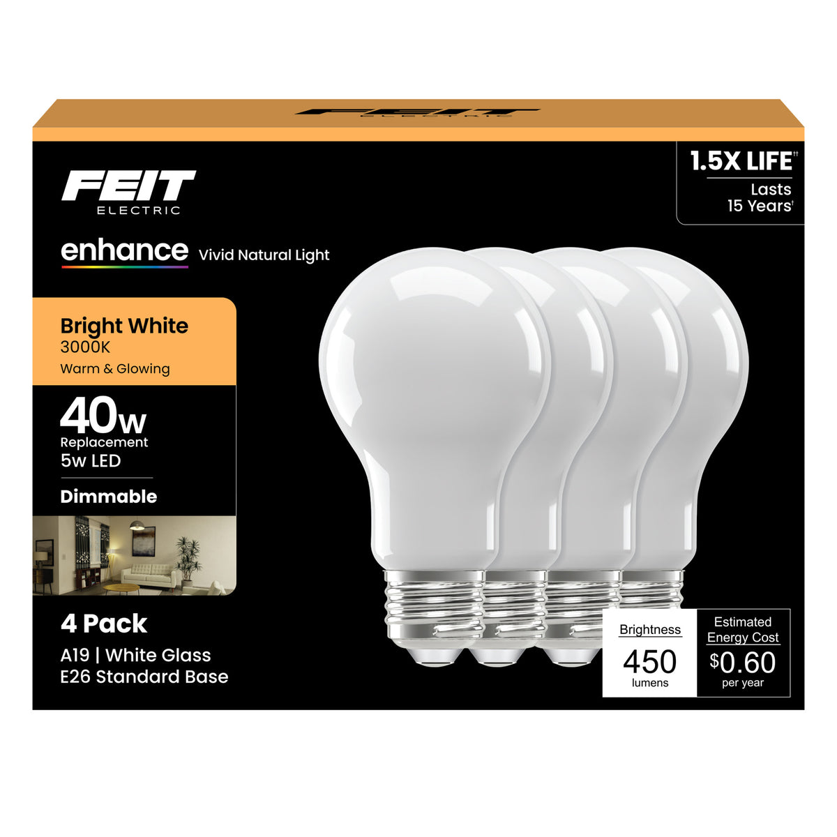5W (40W Equivalent) Bright White (3000K) A19 (E26 Base) Frosted Filament LED Light Bulb (4-Pack)