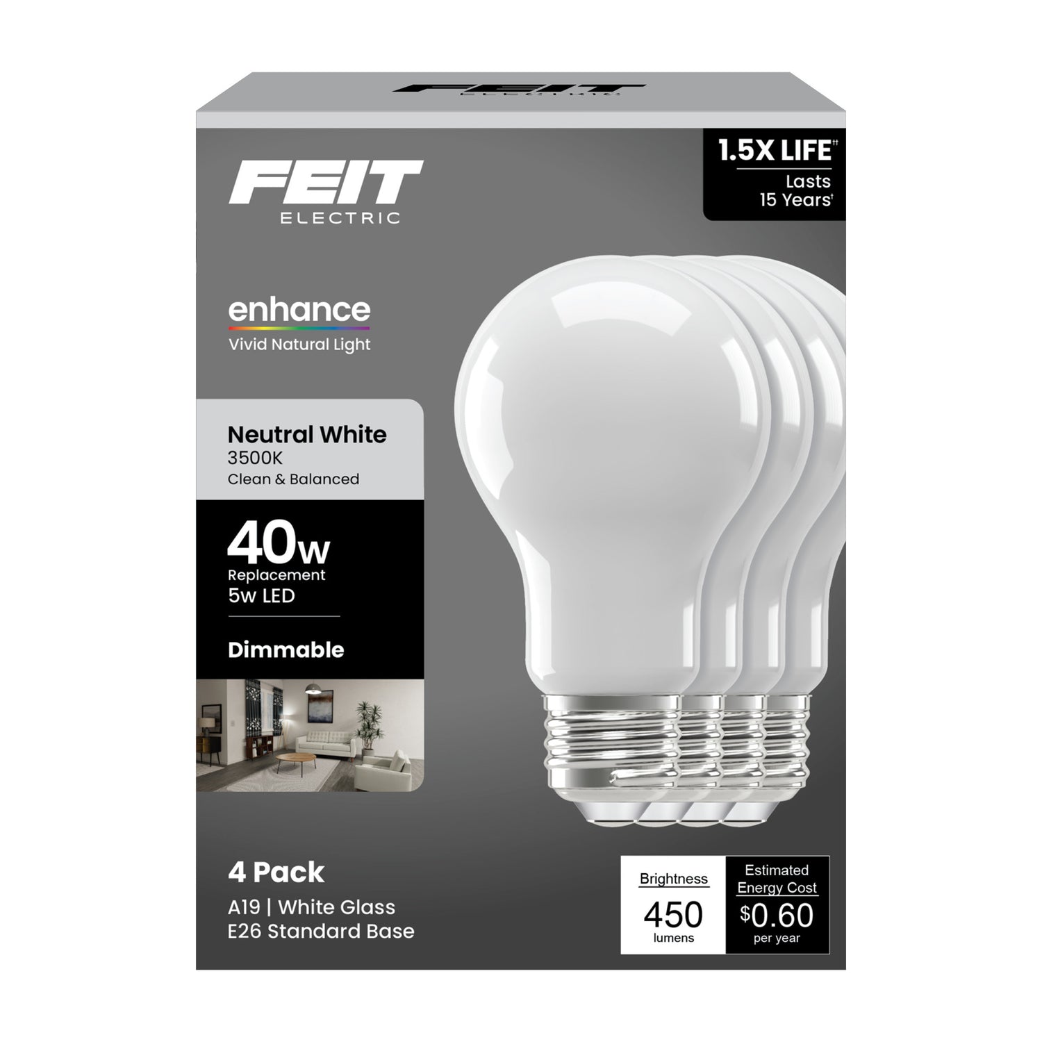 5W (40W Replacement) Neutral White (3500K) Medium E26 Base A19 Enhance Dimmable General Purpose LED Light Bulb (4-Pack)