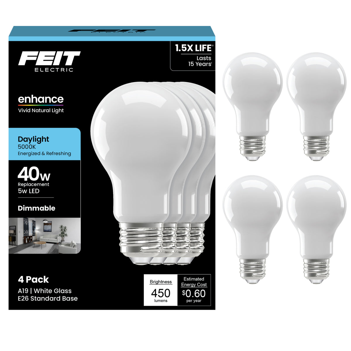 5W (40W Replacement) Daylight (5000K) A19 (E26 Base) Frosted White Enhance Dimmable Glass Filament General Purpose LED Light Bulb (4-Pack)