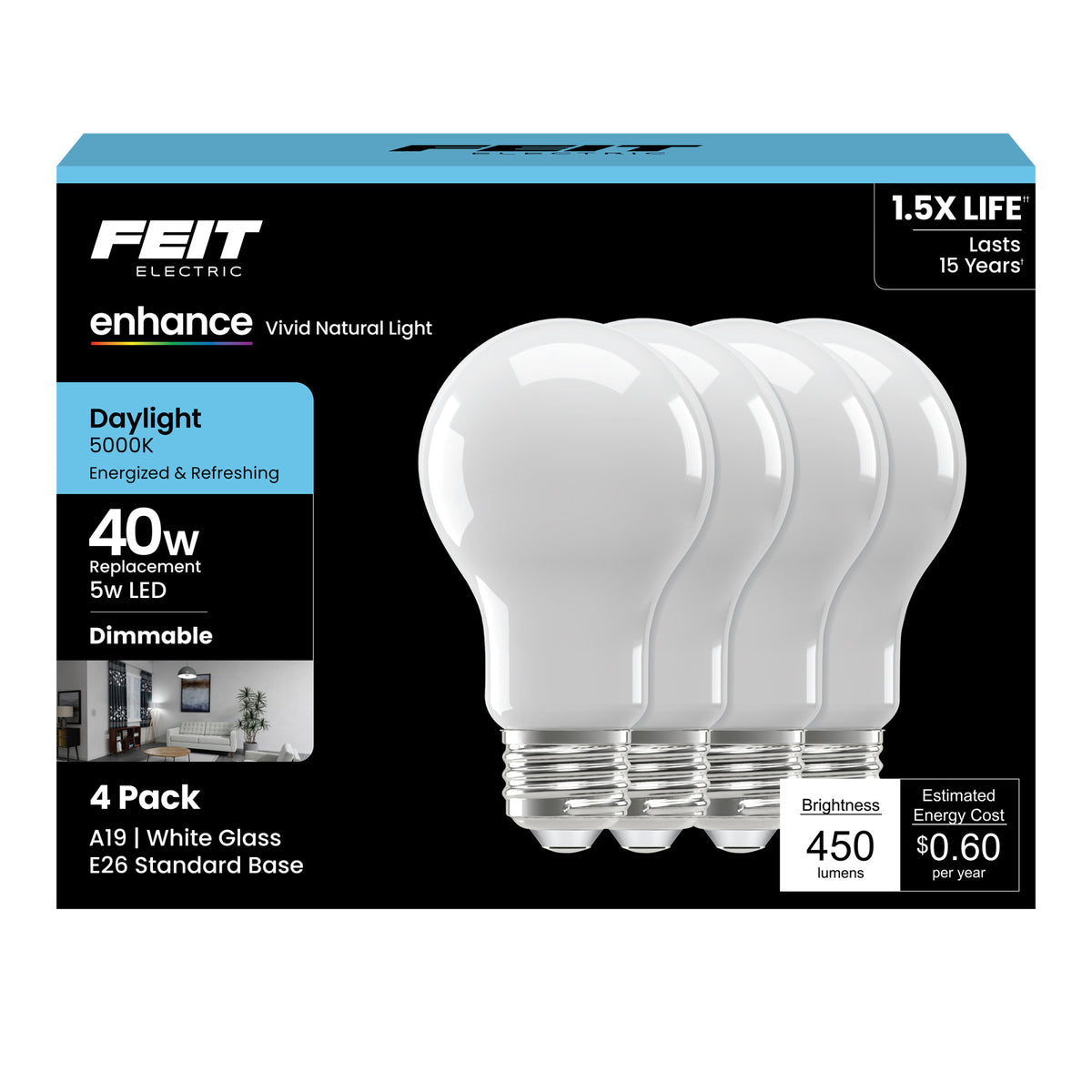 5W (40W Replacement) Daylight (5000K) A19 (E26 Base) Frosted White Enhance Dimmable Glass Filament General Purpose LED Light Bulb (4-Pack)