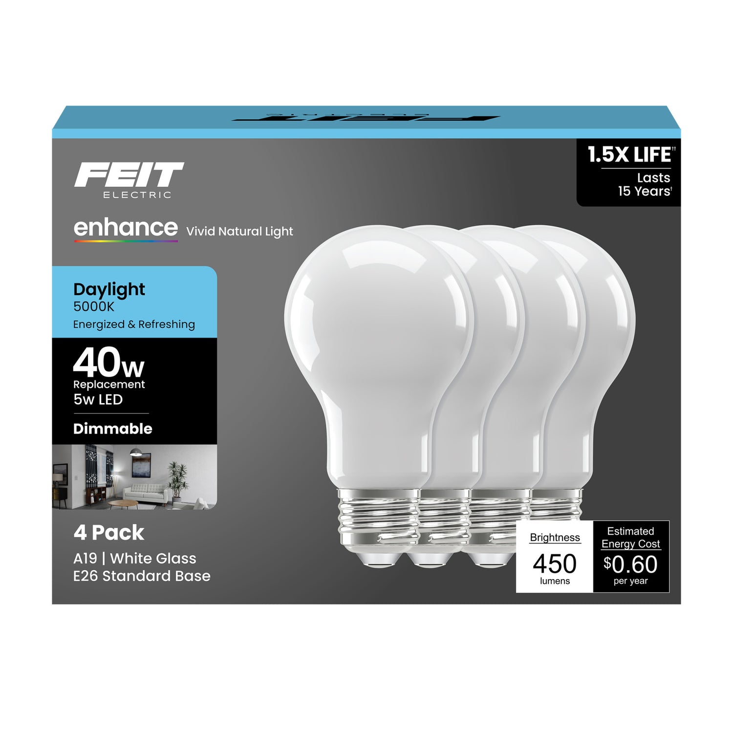 5W (40W Replacement) Daylight (5000K) Medium E26 Base A19 Enhance Dimmable General Purpose LED Light Bulb (4-Pack)