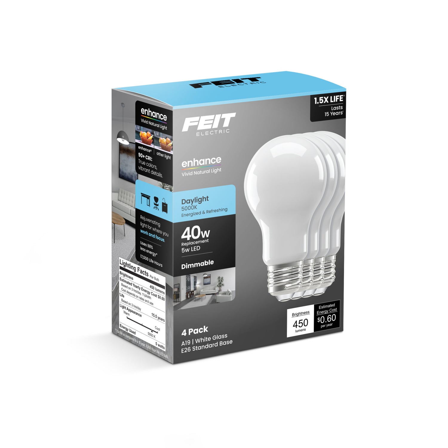 5W (40W Replacement) Daylight (5000K) Medium E26 Base A19 Enhance Dimmable General Purpose LED Light Bulb (4-Pack)