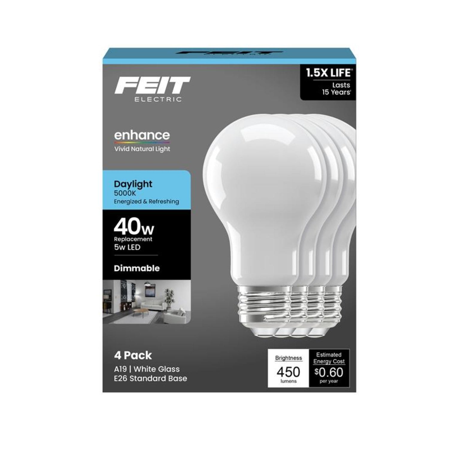 5W (40W Replacement) Daylight (5000K) Medium E26 Base A19 Enhance Dimmable General Purpose LED Light Bulb (4-Pack)