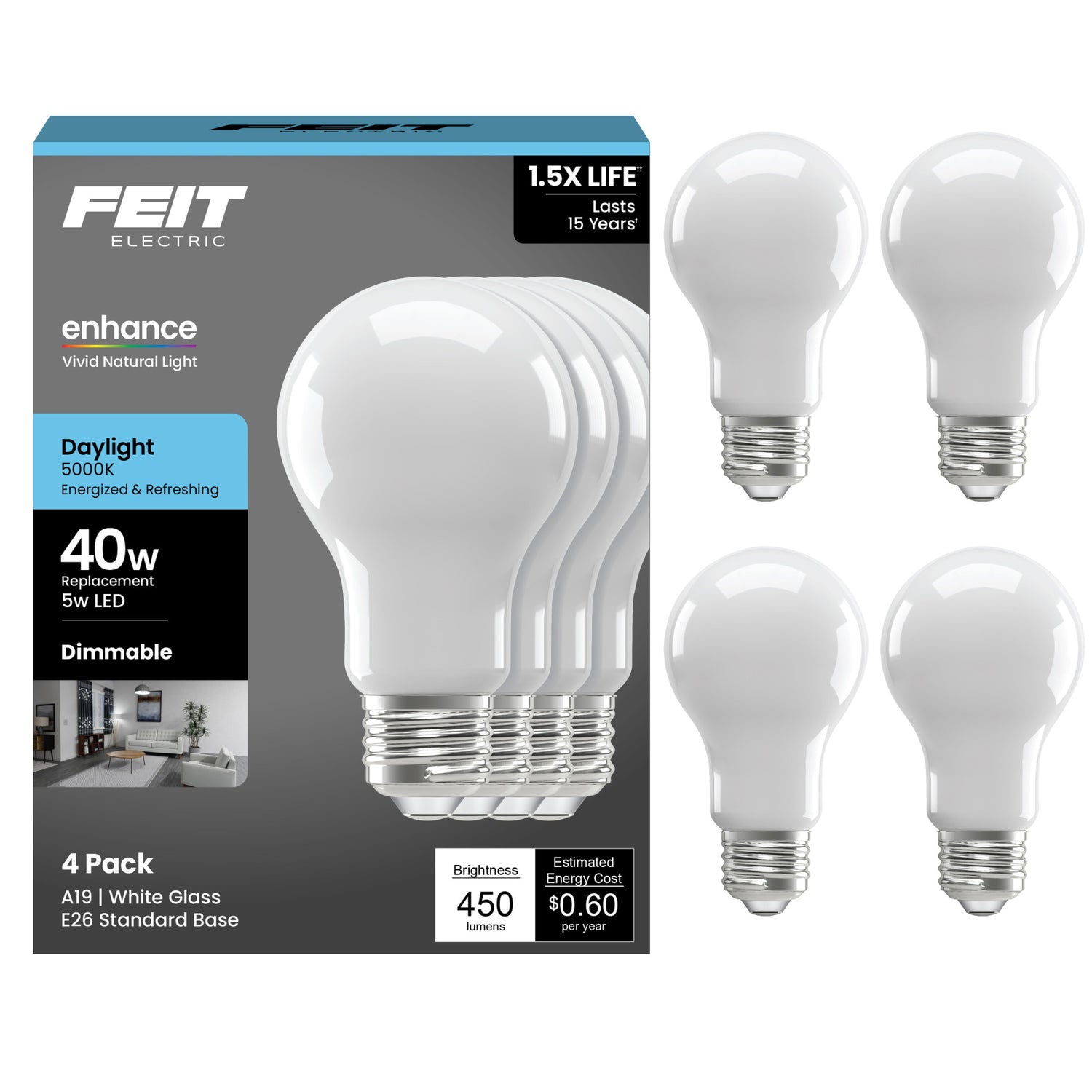 5W (40W Replacement) Daylight (5000K) Medium E26 Base A19 Enhance Dimmable General Purpose LED Light Bulb (4-Pack)