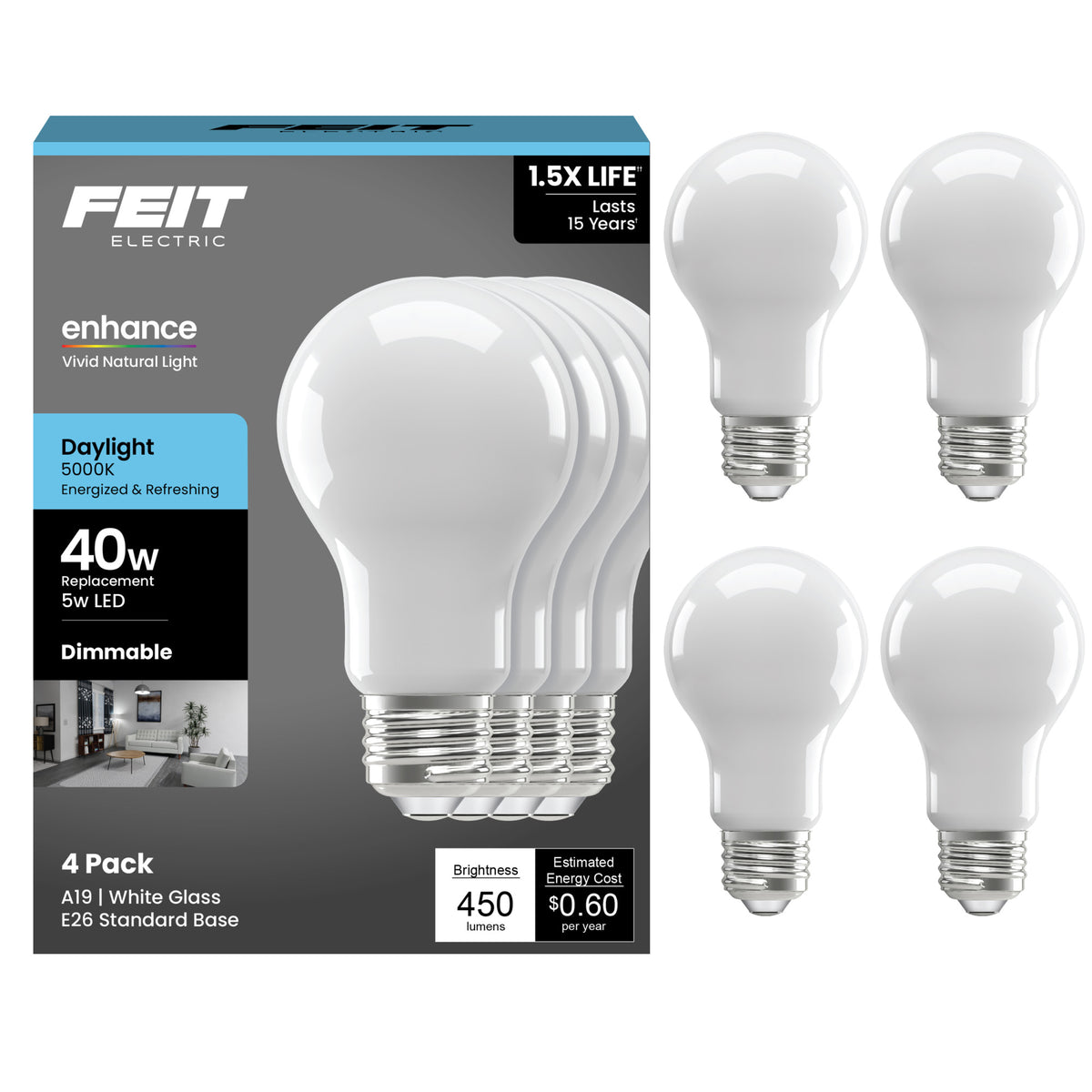5W (40W Replacement) Daylight (5000K) Medium E26 Base A19 Enhance Dimmable General Purpose LED Light Bulb (4-Pack)