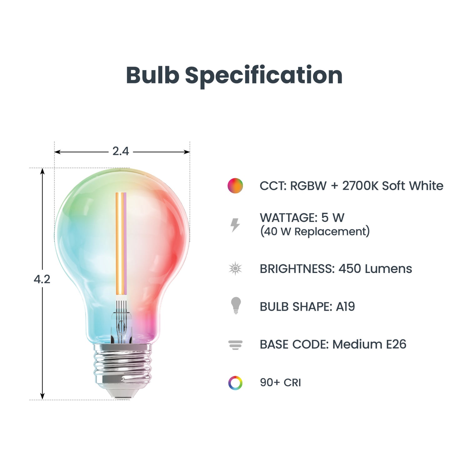 5W (40W Replacement) Color Changing E26 Base A19 Dimmable Filament Smart Wi-Fi LED Light Bulb