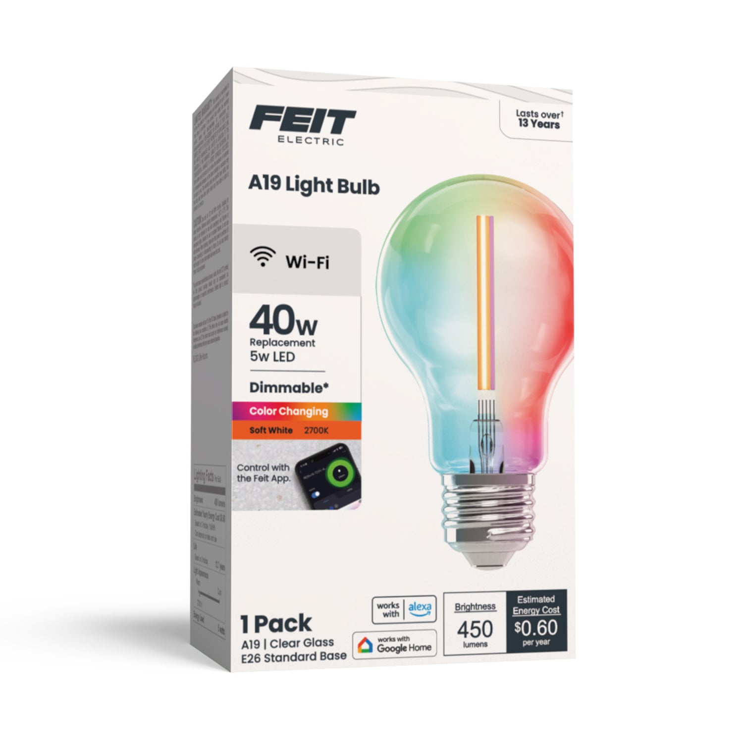 5W (40W Replacement) Color Changing E26 Base A19 Dimmable Filament Smart Wi-Fi LED Light Bulb