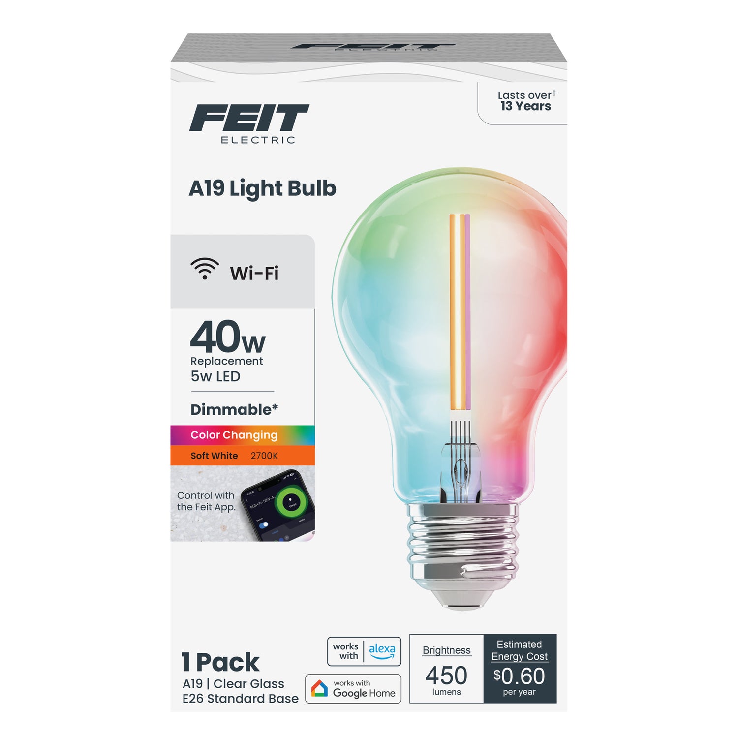 5W (40W Replacement) Color Changing E26 Base A19 Dimmable Filament Smart Wi-Fi LED Light Bulb