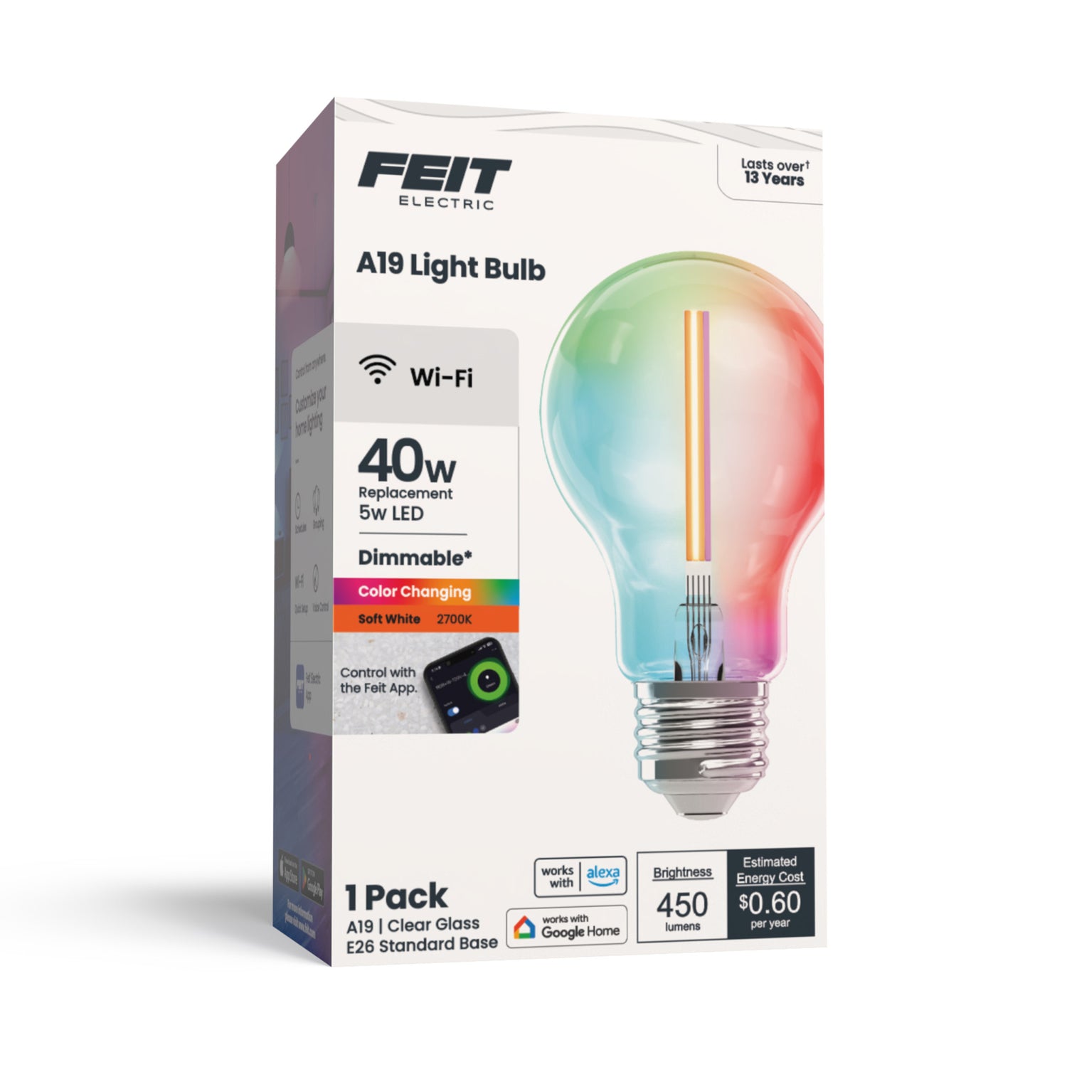 5W (40W Replacement) Color Changing E26 Base A19 Dimmable Filament Smart Wi-Fi LED Light Bulb