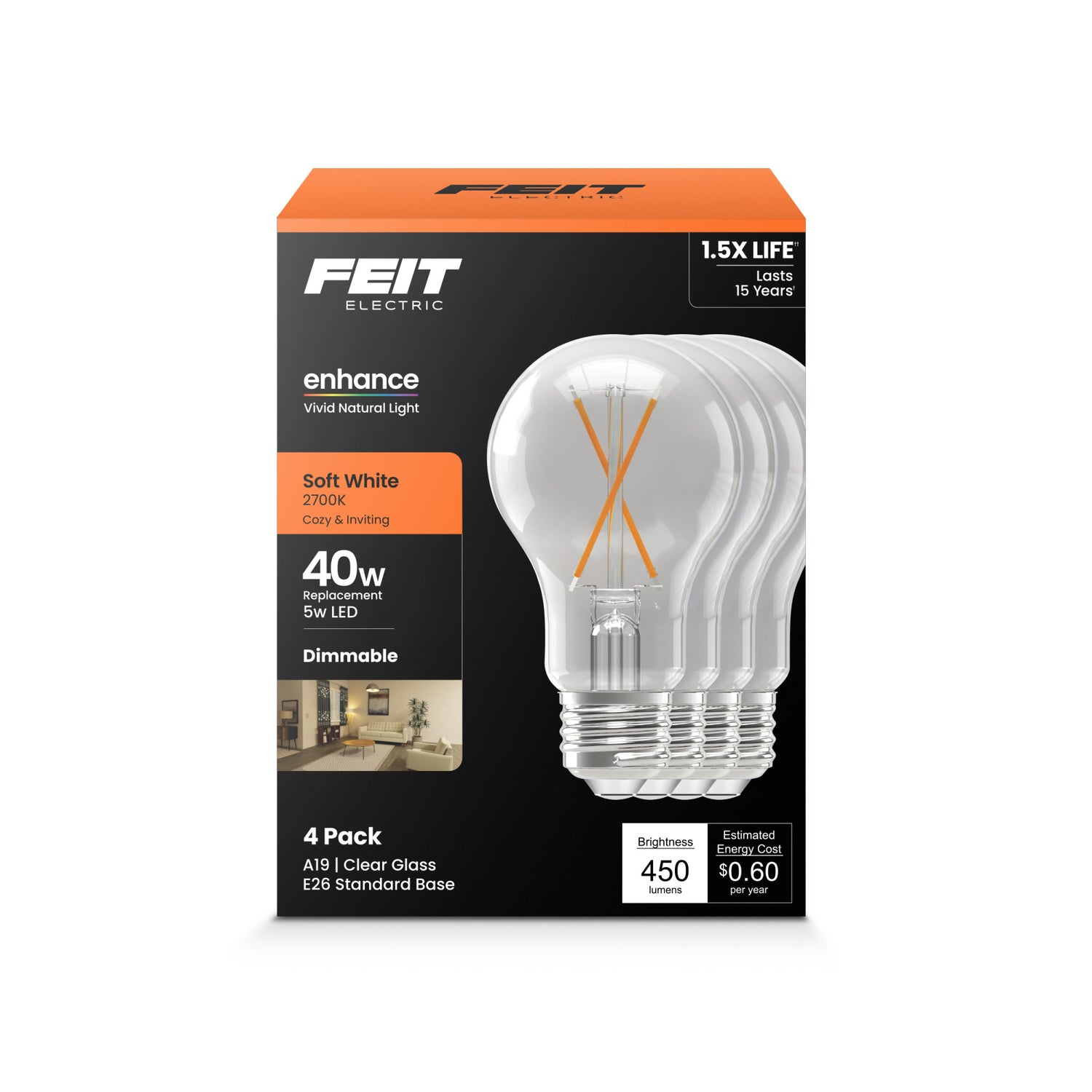 5W (40W Replacement) Soft White (2700K) A19 (E26 Base) Filament LED Light Bulb (4-Pack)
