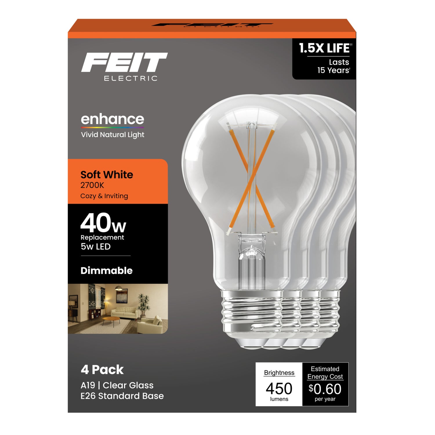 5W (40W Replacement) Soft White (2700K) A19 Medium E26 Enhance Dimmable Clear General Purpose LED Light Bulb (4-Pack)