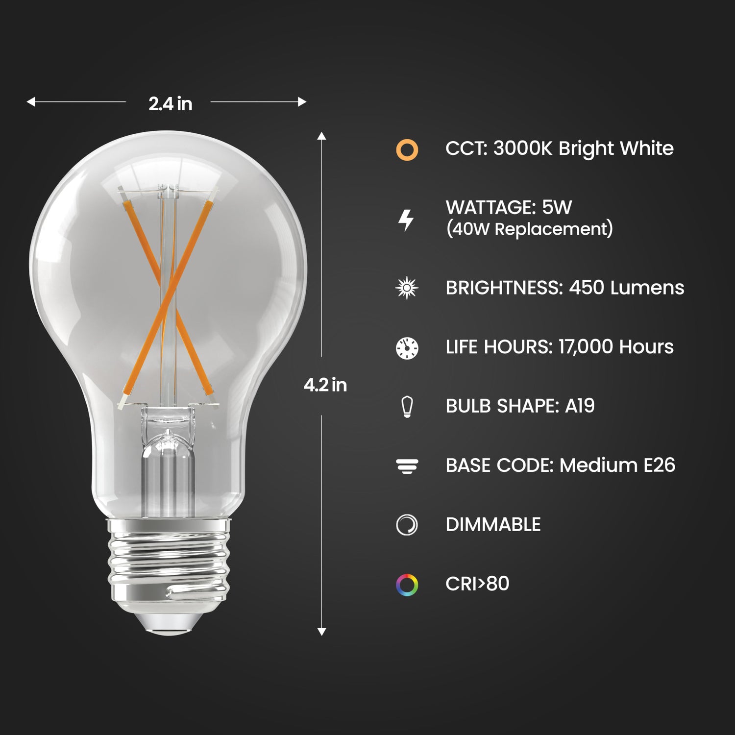 5W (40W Replacement) Bright White (3000K) A19 Shape (E26 Base) Filament LED Light Bulb (4-Pack)