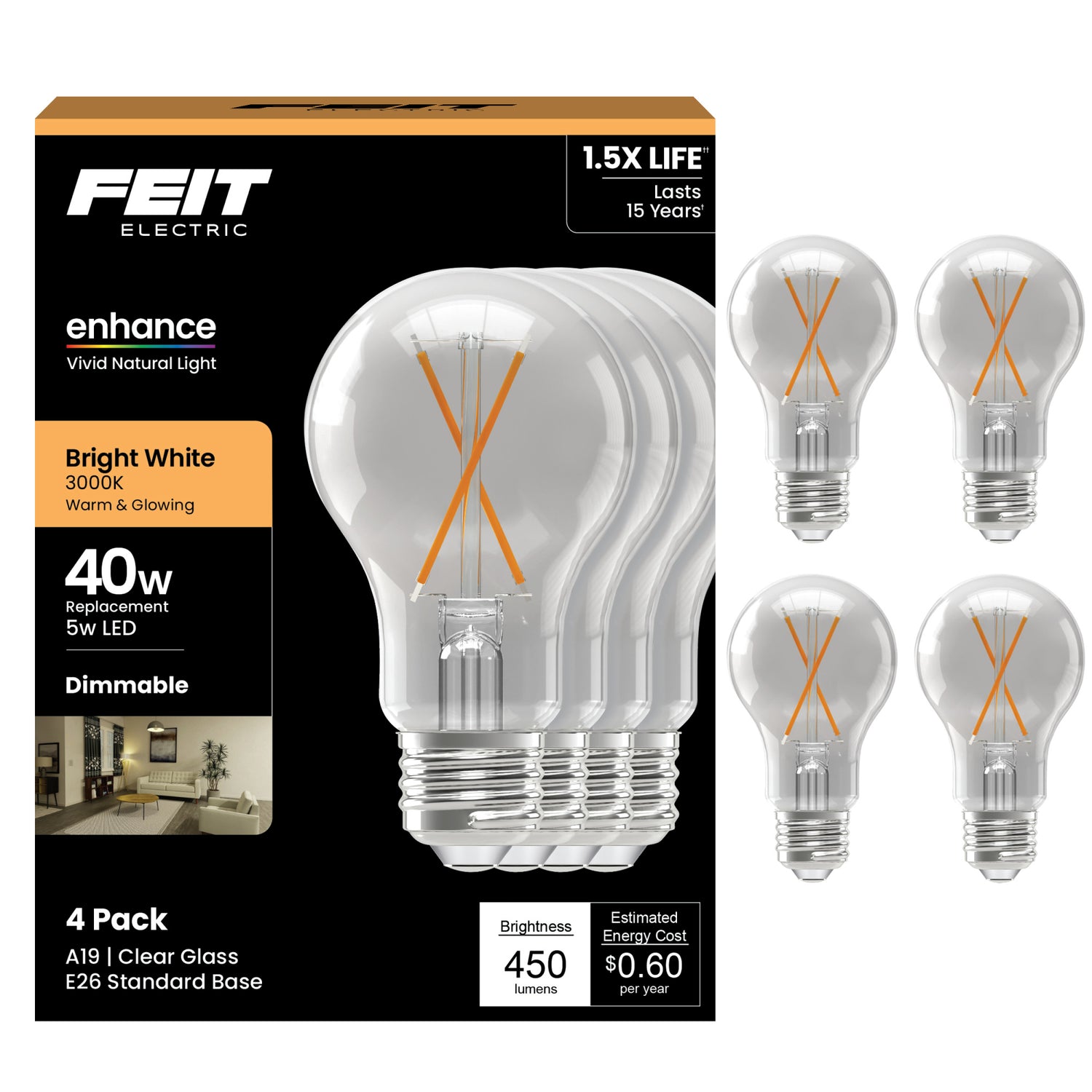 5W (40W Replacement) Bright White (3000K) A19 Shape (E26 Base) Filament LED Light Bulb (4-Pack)