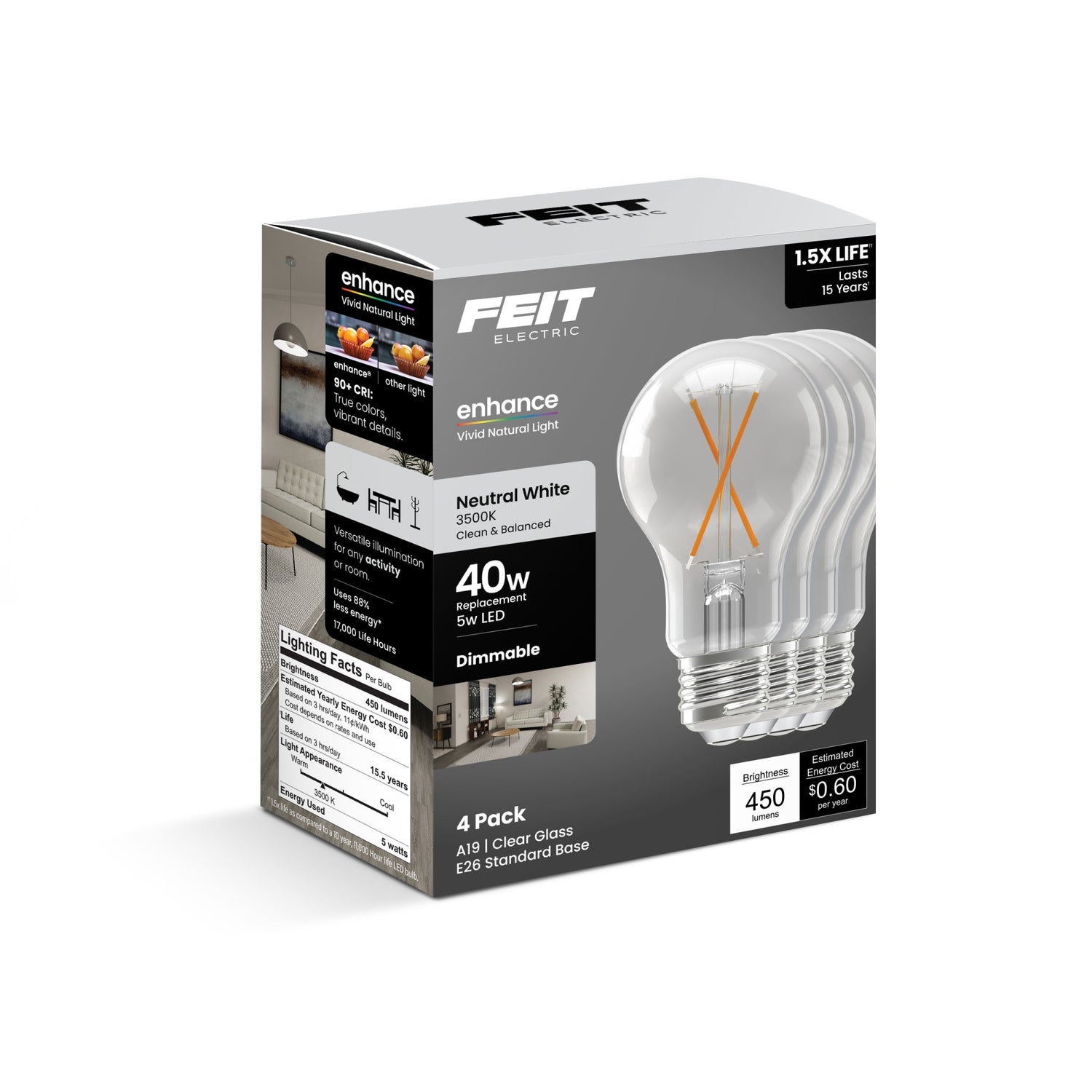 5W (40W Replacement) Neutral White (3500K) Medium E26 Base A19 Enhance Dimmable Clear General Purpose LED Light Bulb (4-Pack)