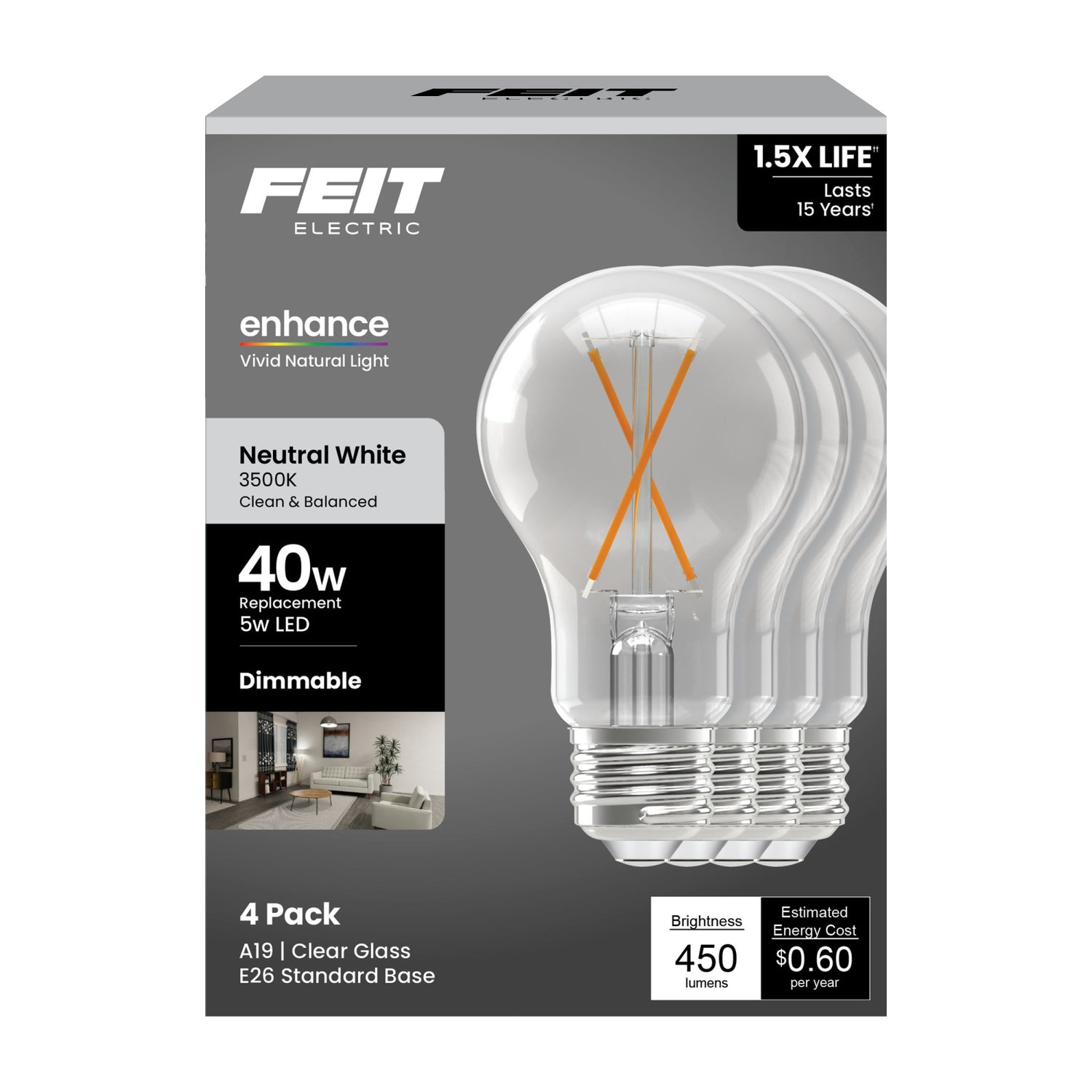 5W (40W Replacement) Neutral White (3500K) Medium E26 Base A19 Enhance Dimmable Clear General Purpose LED Light Bulb (4-Pack)