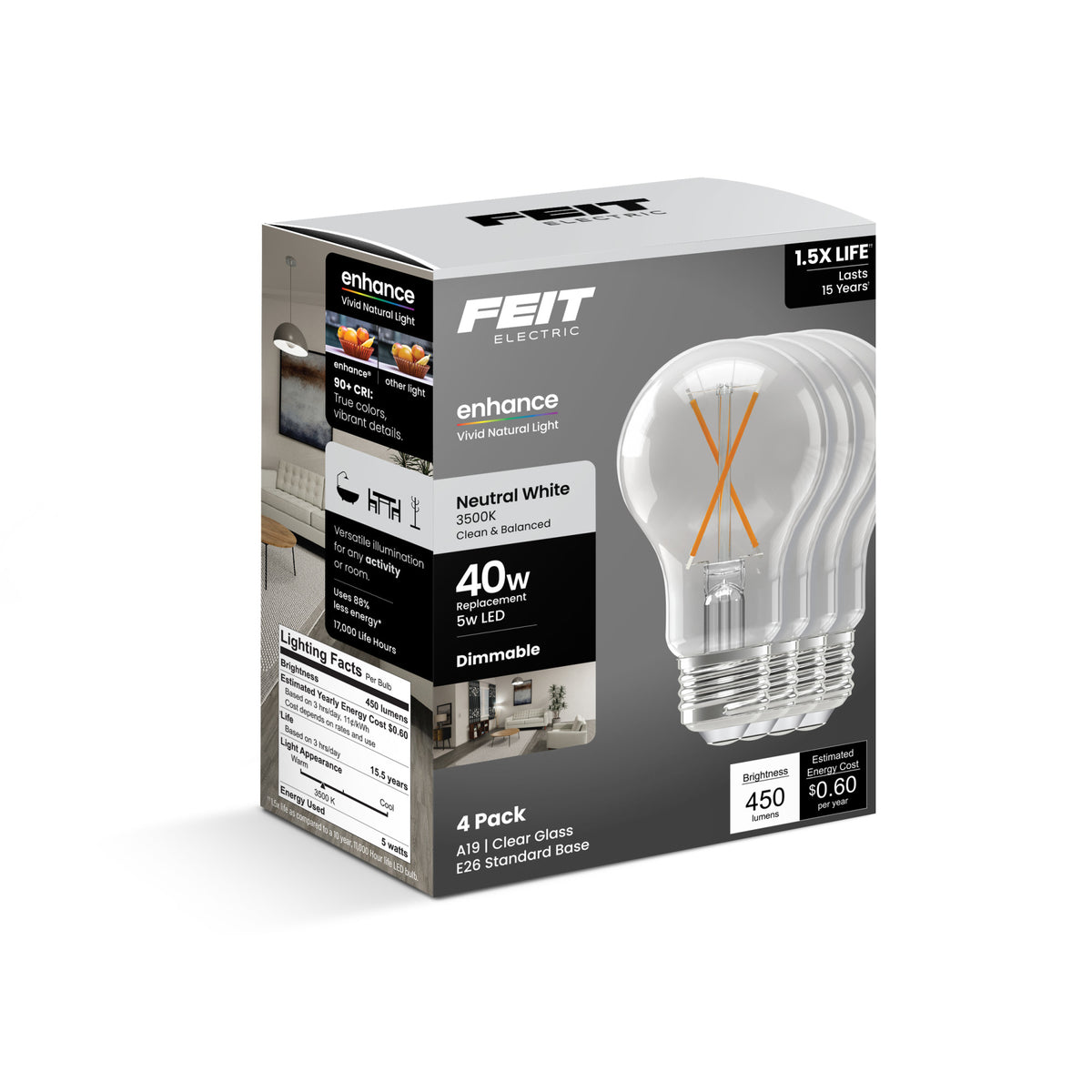 5W (40W Replacement) Neutral White (3500K) Medium E26 Base A19 Enhance Dimmable Clear General Purpose LED Light Bulb (4-Pack)
