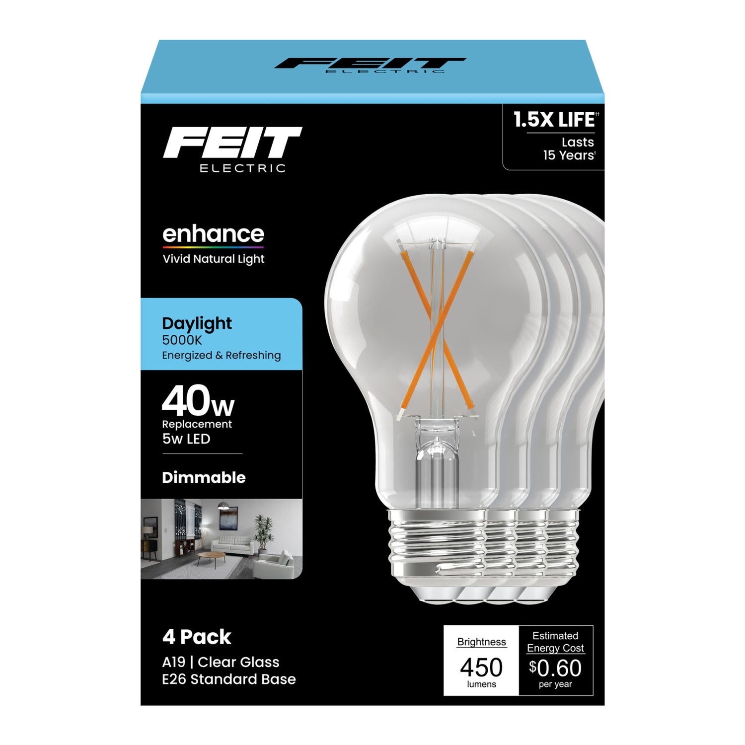 5W (40W Replacement) Daylight (5000K) A19 Shape (E26 Base) Filament LED Light Bulb (4-Pack)