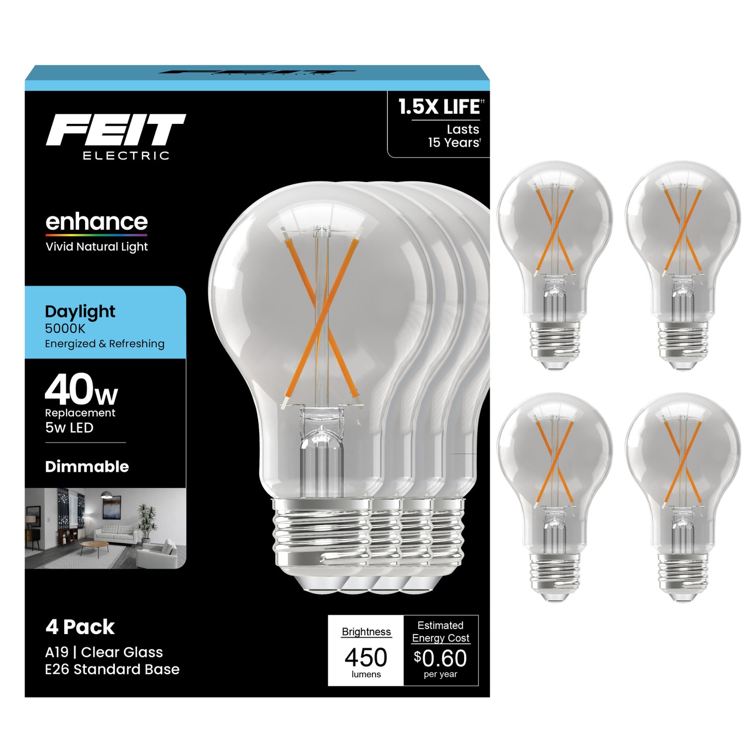 5W (40W Replacement) Daylight (5000K) A19 Shape (E26 Base) Filament LED Light Bulb (4-Pack)