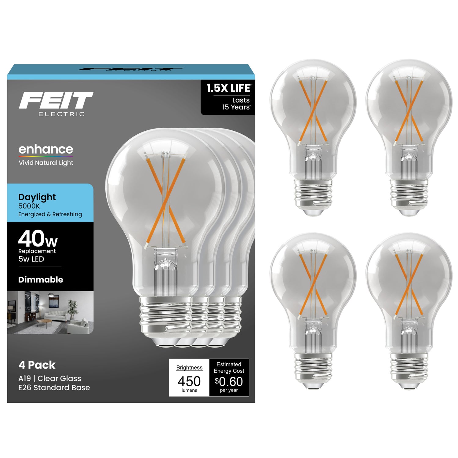 5W (40W Replacement) Daylight (5000K) Medium E26 Base A19 Enhance Dimmable Clear General Purpose LED Light Bulb (4-Pack)