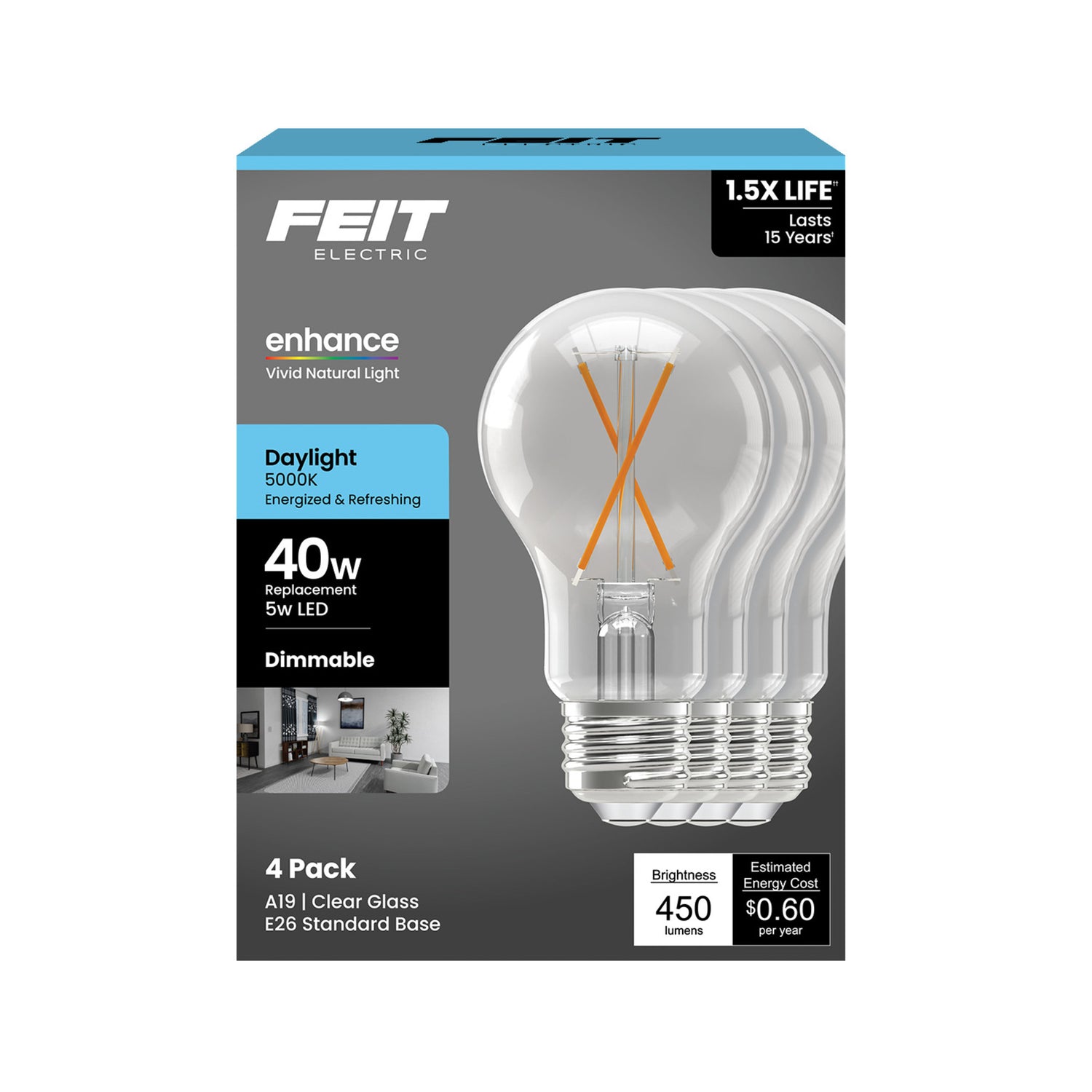 5W (40W Replacement) Daylight (5000K) Medium E26 Base A19 Enhance Dimmable Clear General Purpose LED Light Bulb (4-Pack)