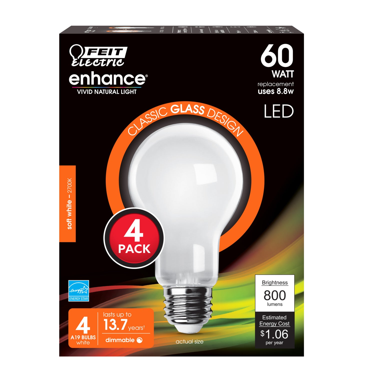 8.8W (60W Replacement) Soft White (2700K) A19 Enhance Dimmable Glass Filament General Purpose LED (4-Pack)