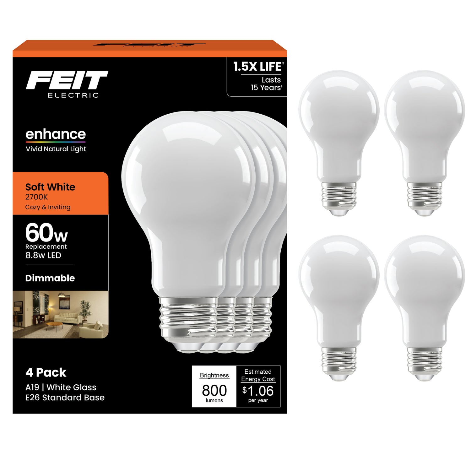 8.8W (60W Replacement) Soft White (2700K) A19 Enhance Dimmable Glass Filament General Purpose LED (4-Pack)